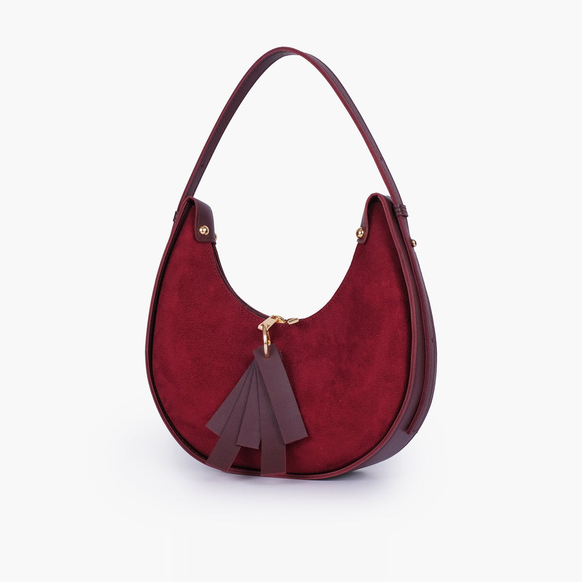 Burgundy suede crescent hobo bag