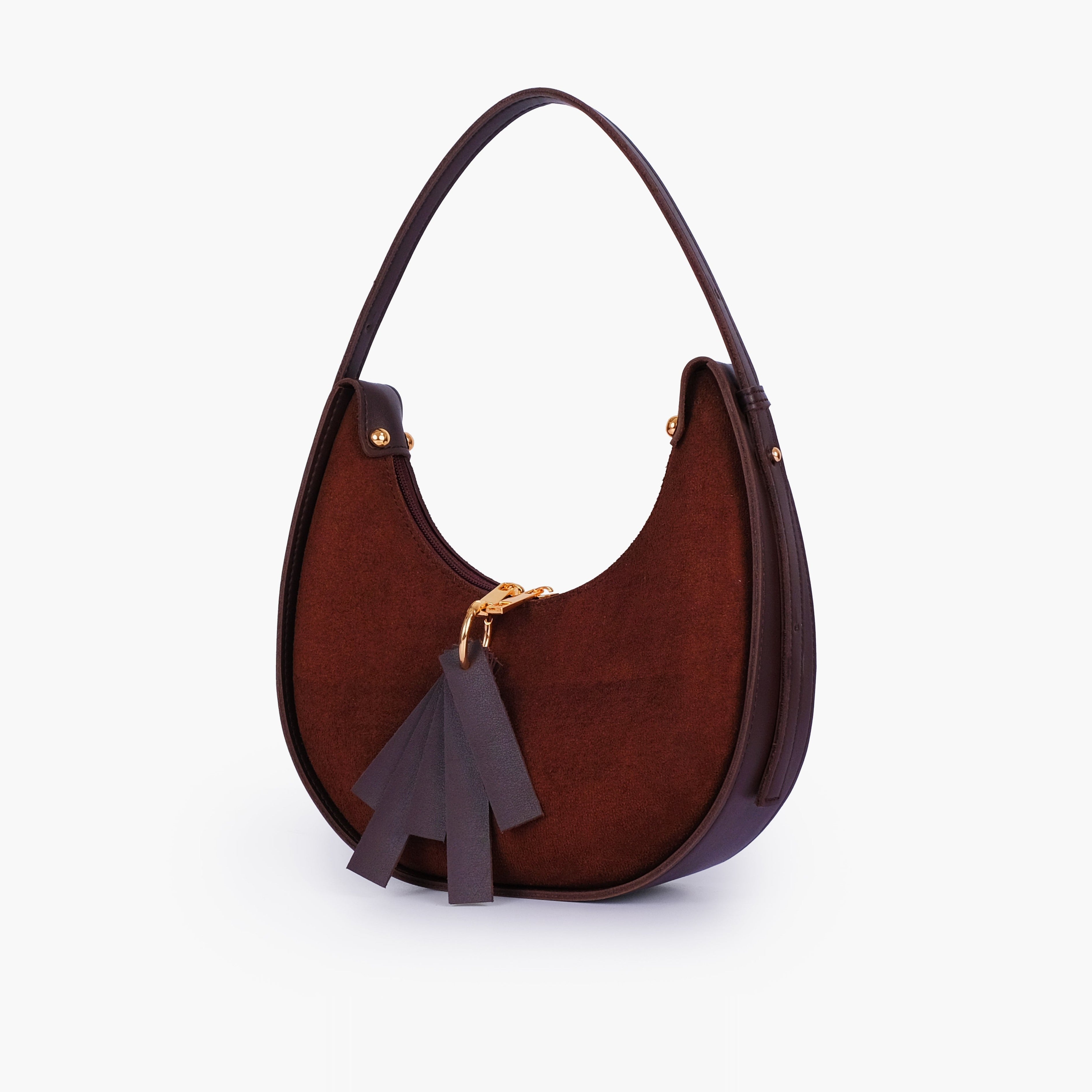 Dark brown suede crescent hobo bag