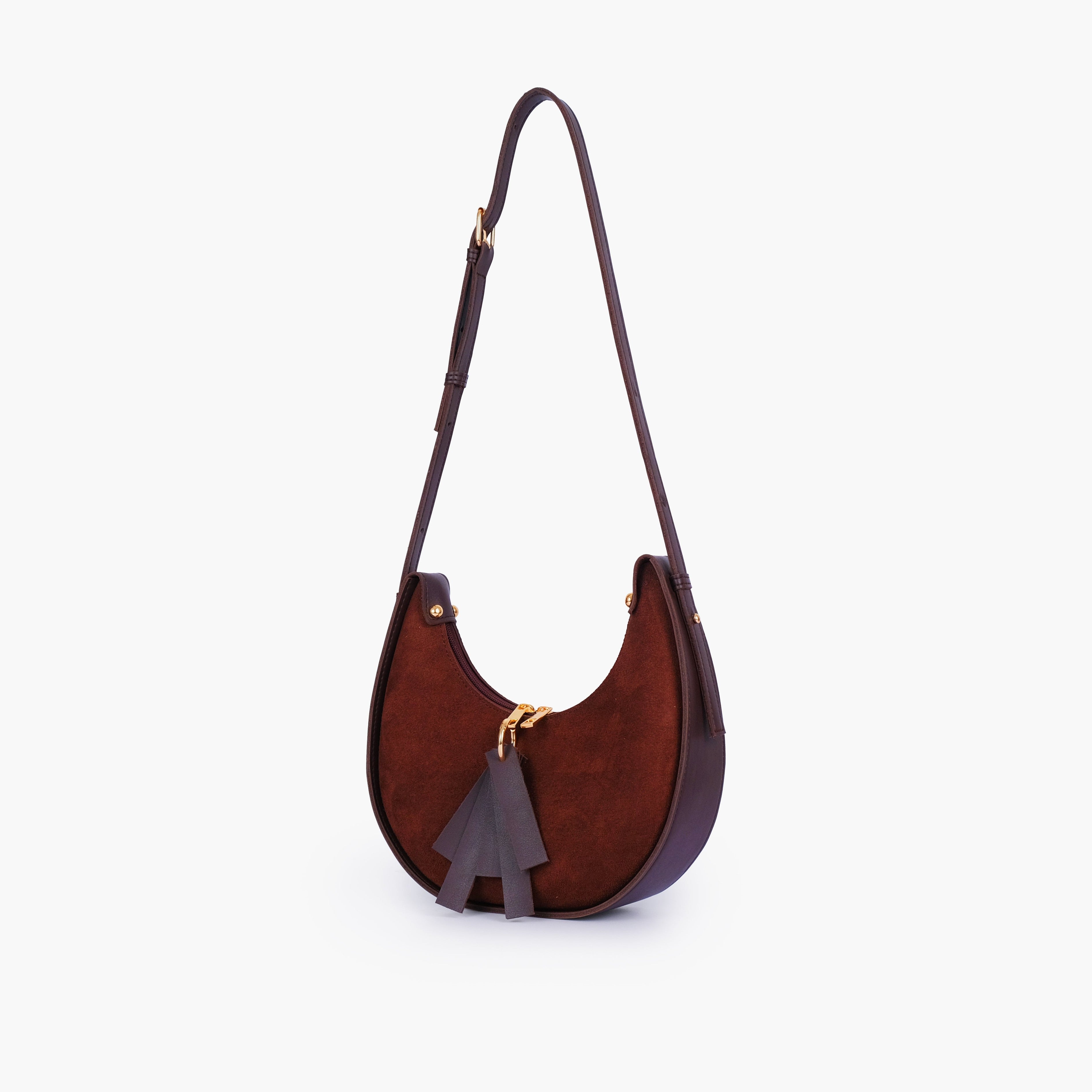Dark brown suede crescent hobo bag