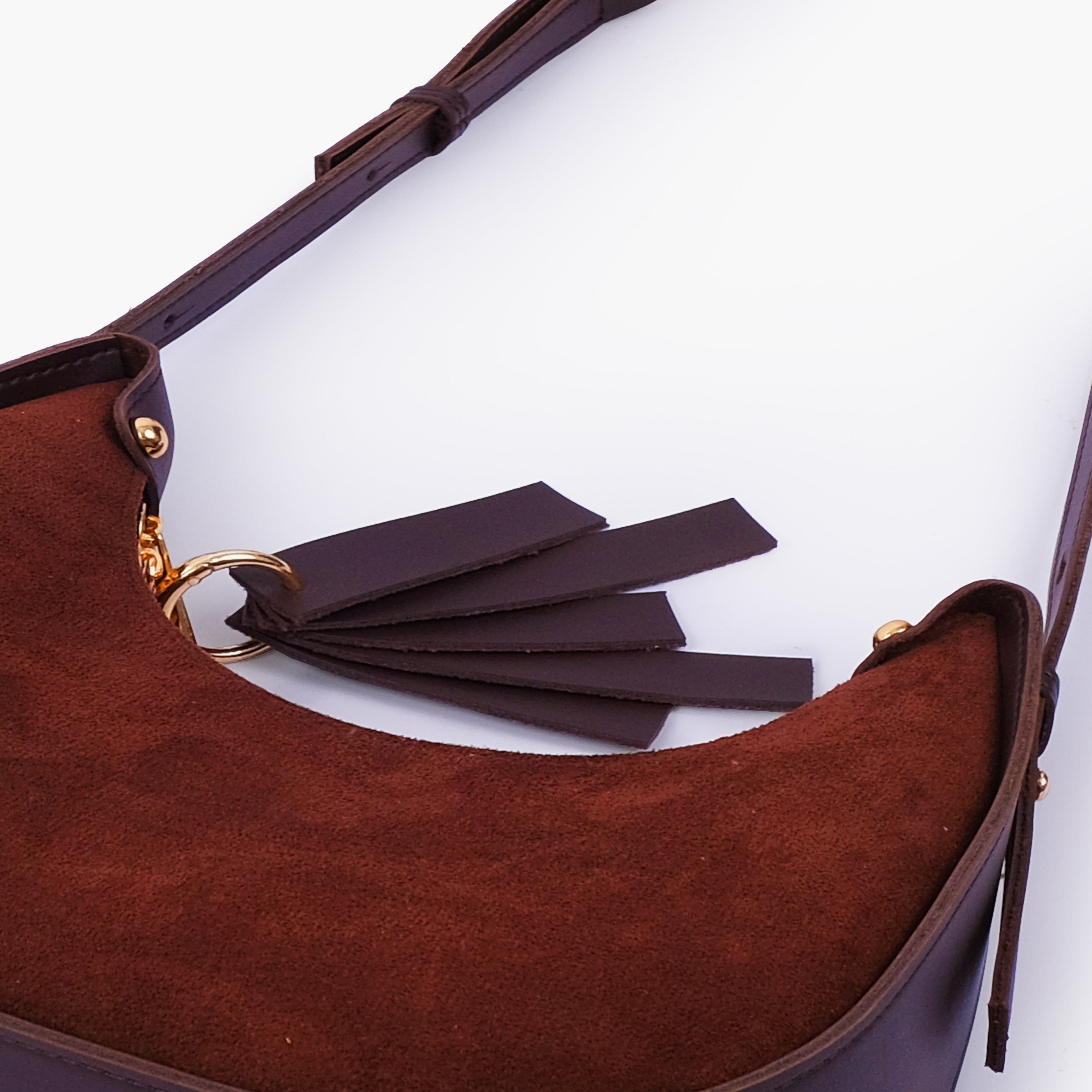 Dark brown suede crescent hobo bag