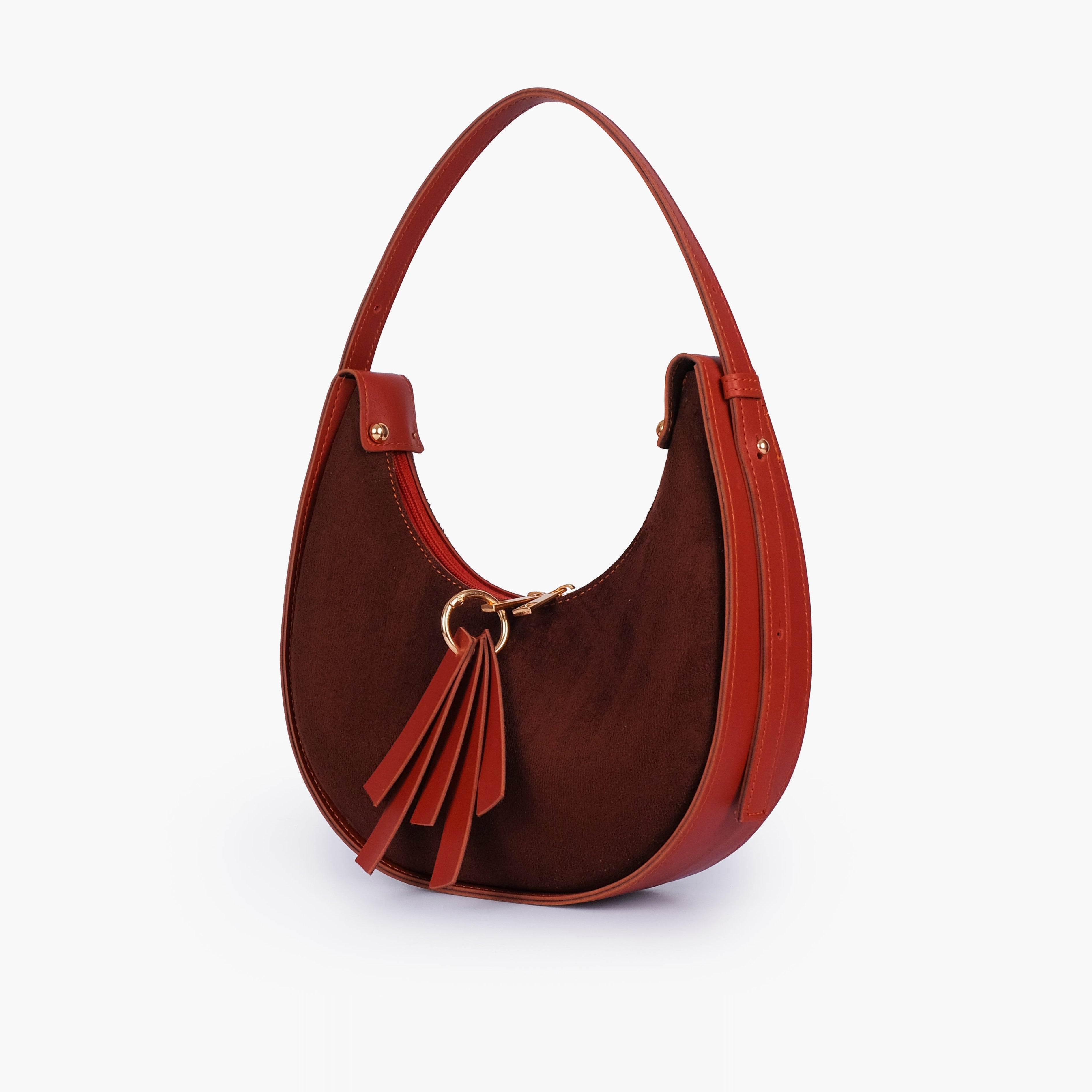 Rust suede crescent hobo bag