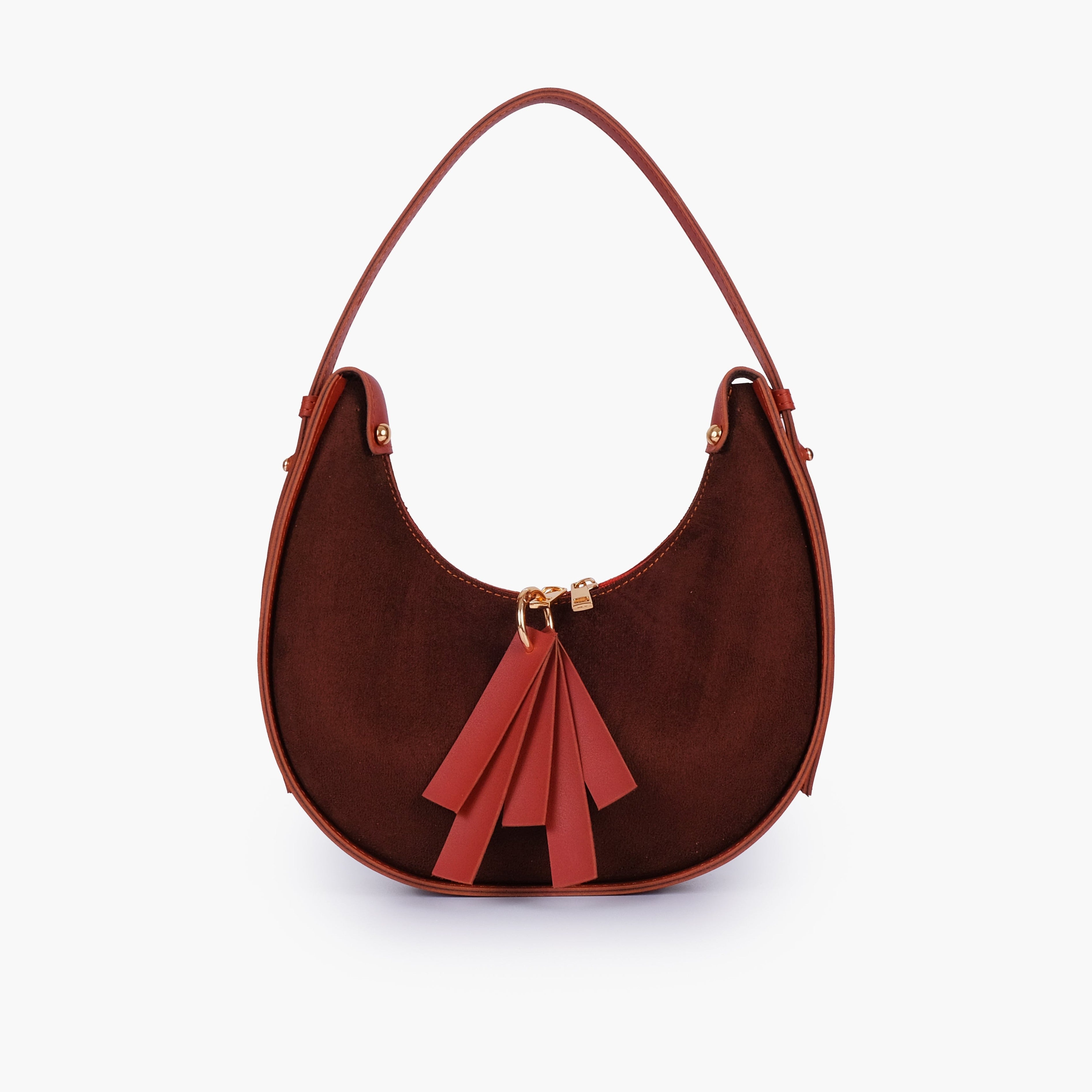 Rust suede crescent hobo bag
