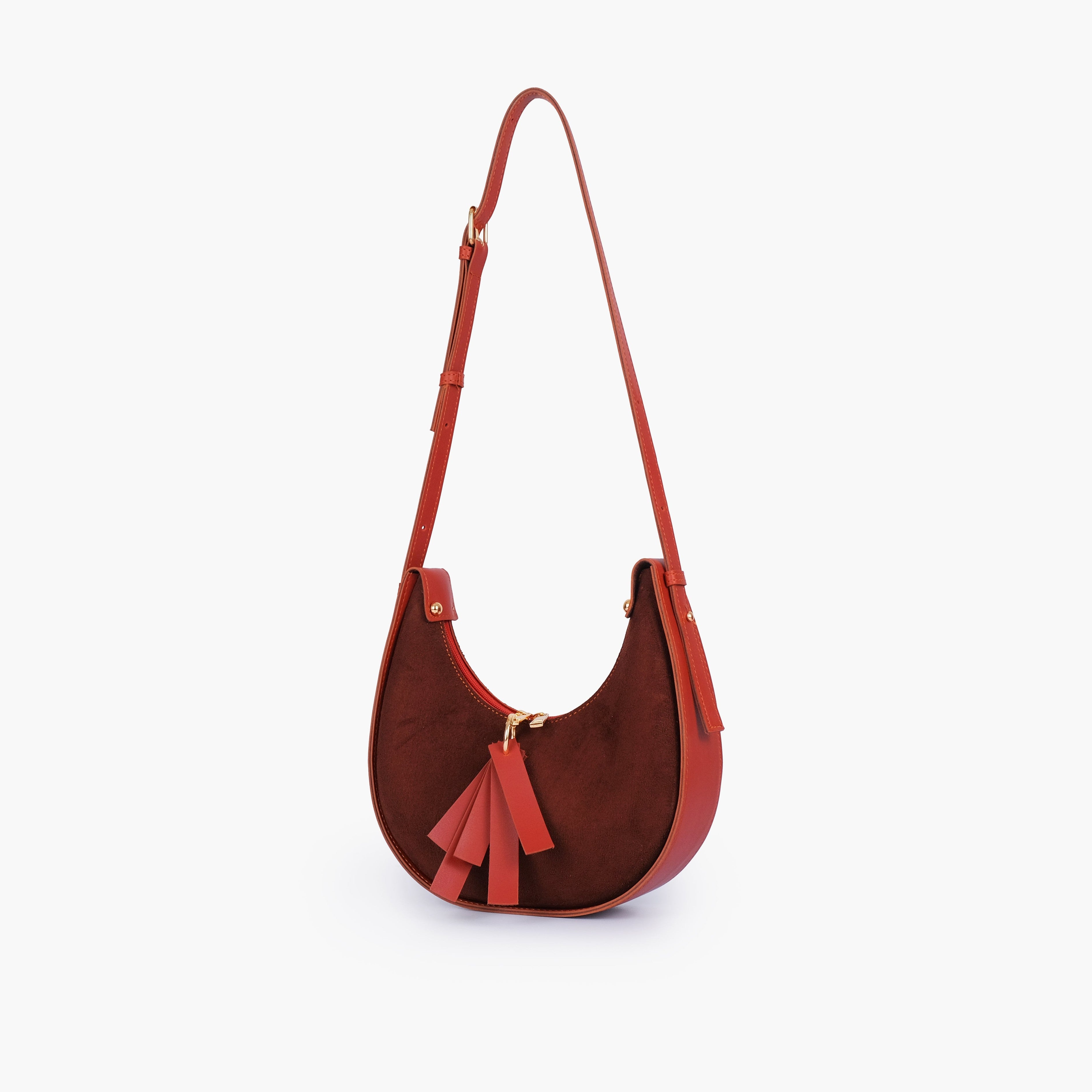 Rust suede crescent hobo bag