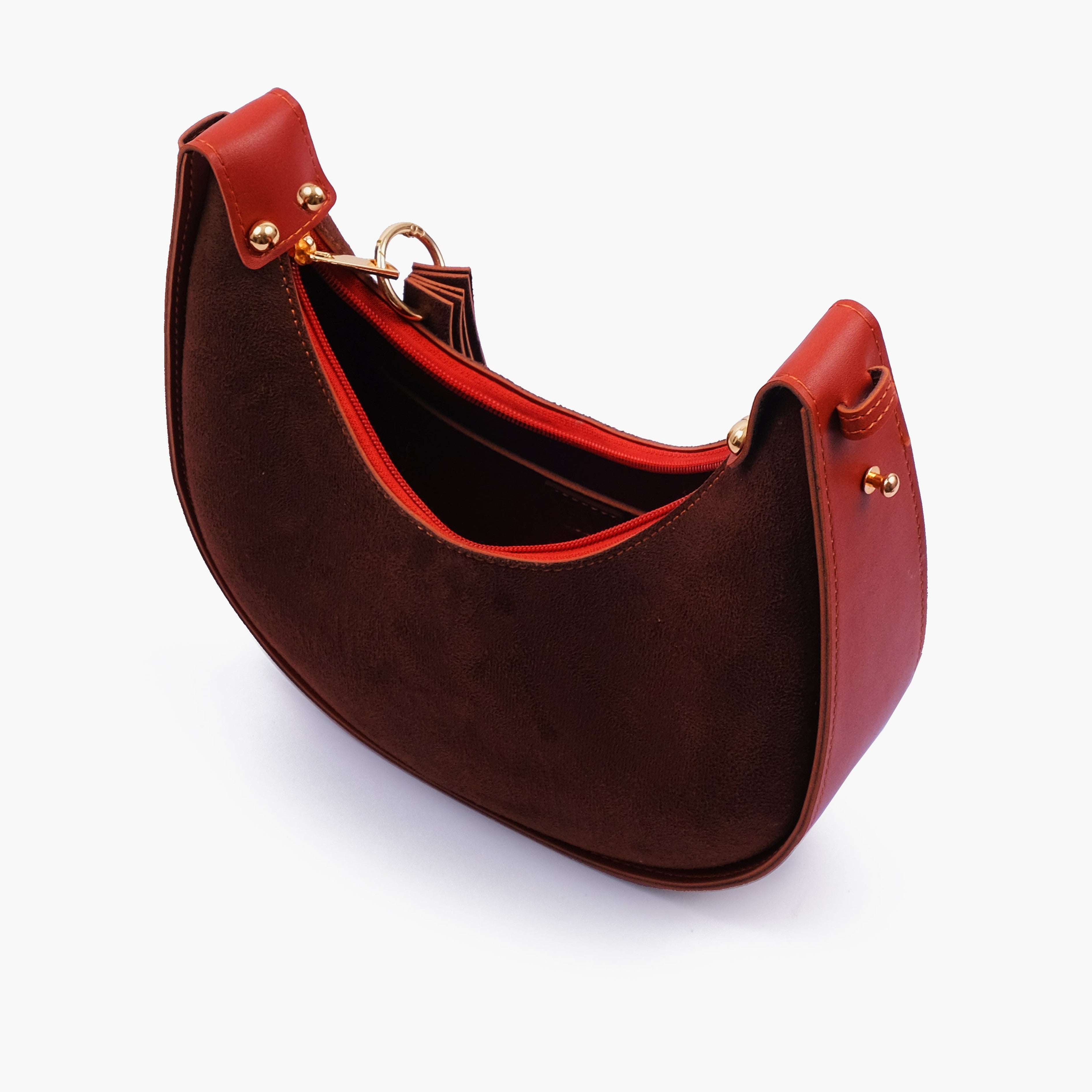 Rust suede crescent hobo bag