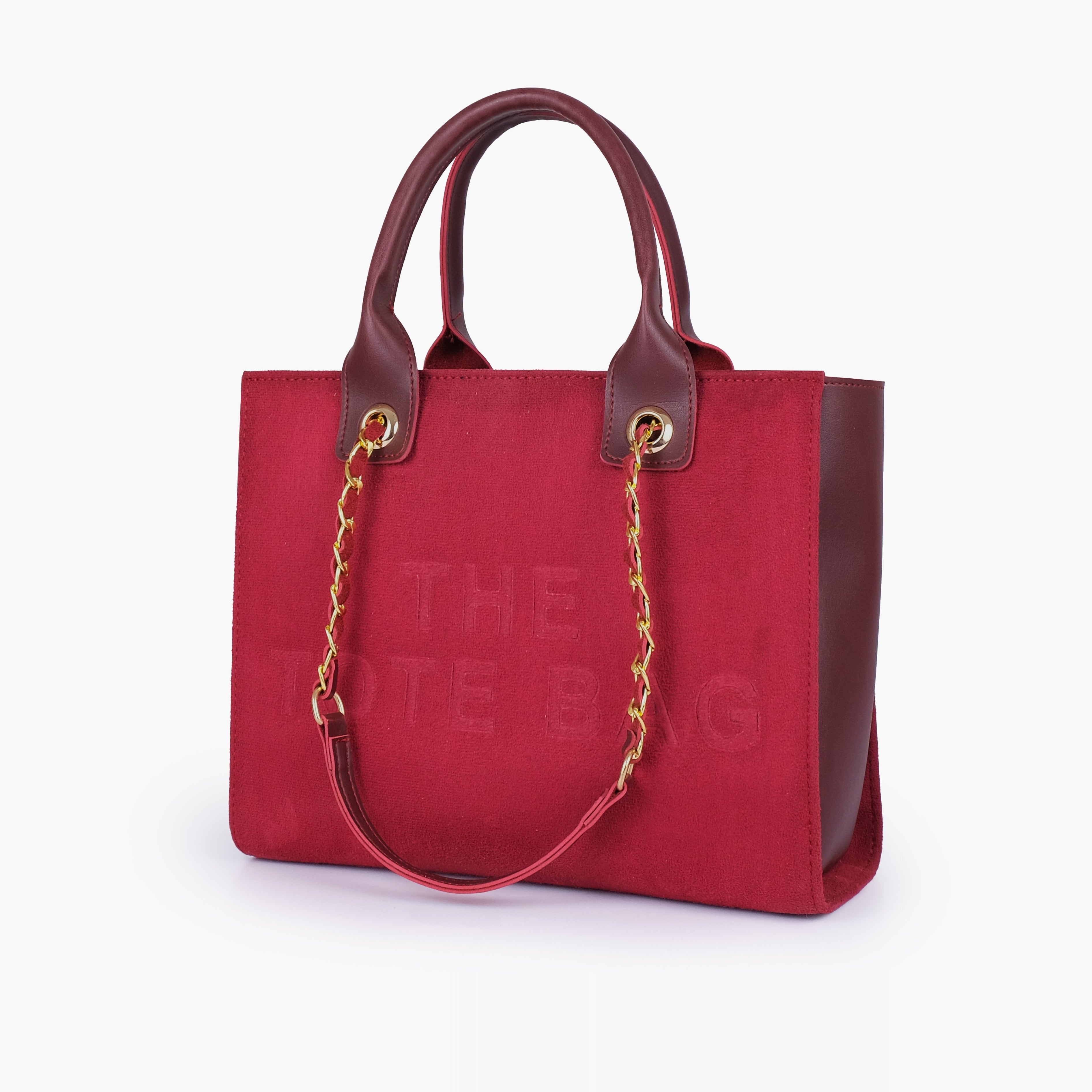 Burgundy suede chain handle tote