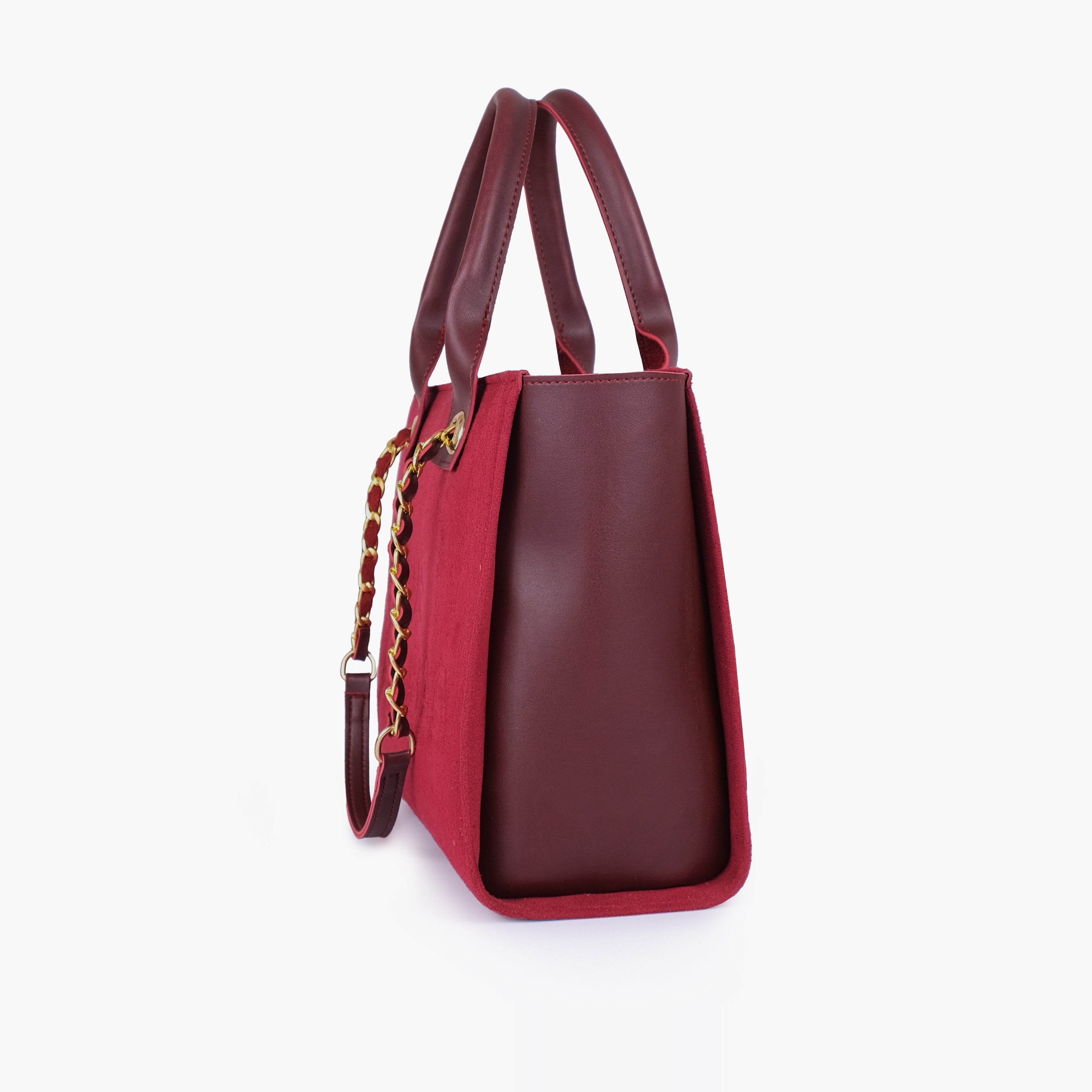 Burgundy suede chain handle tote
