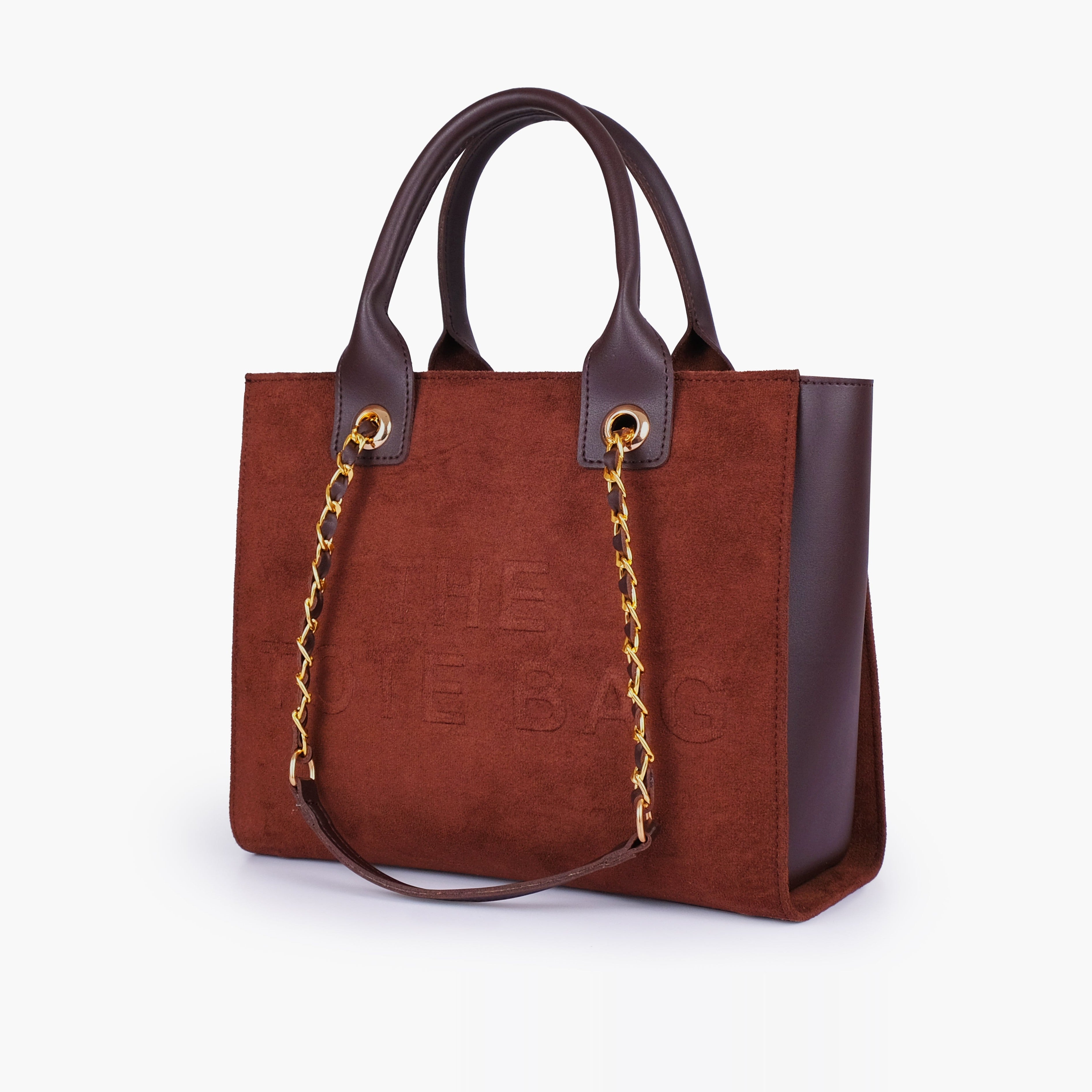 Dark brown suede chain handle tote