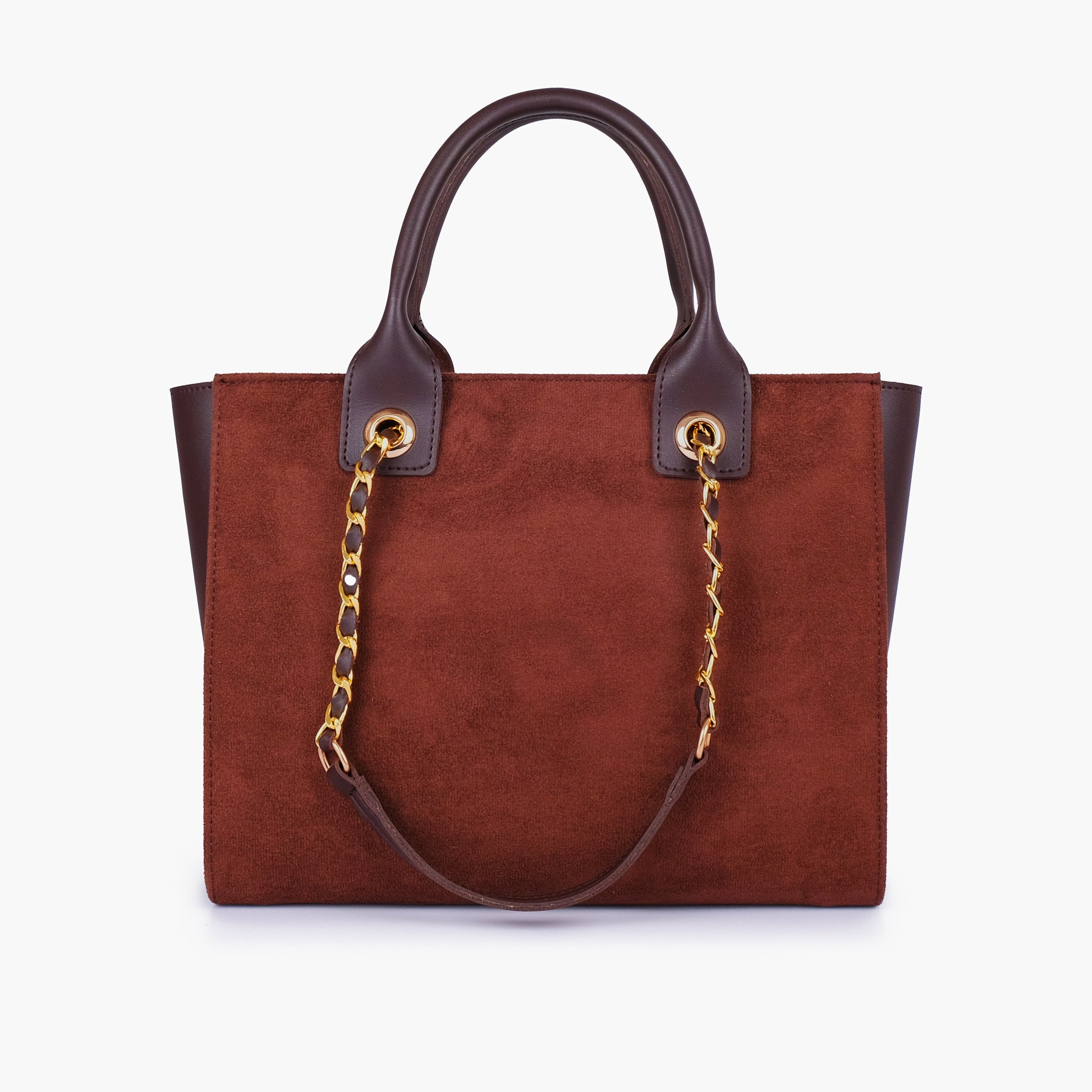 Dark brown suede chain handle tote