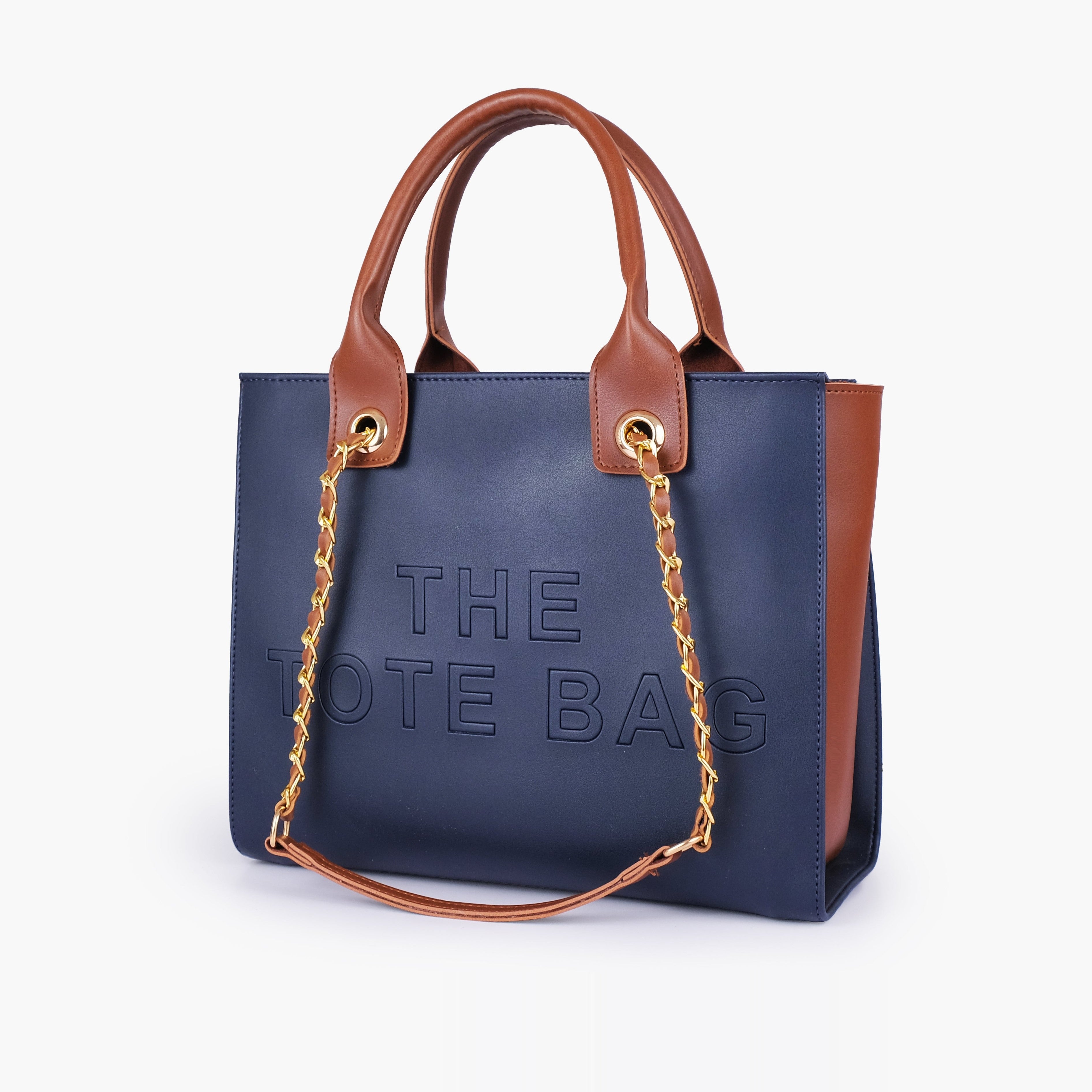 Blue chain handle tote