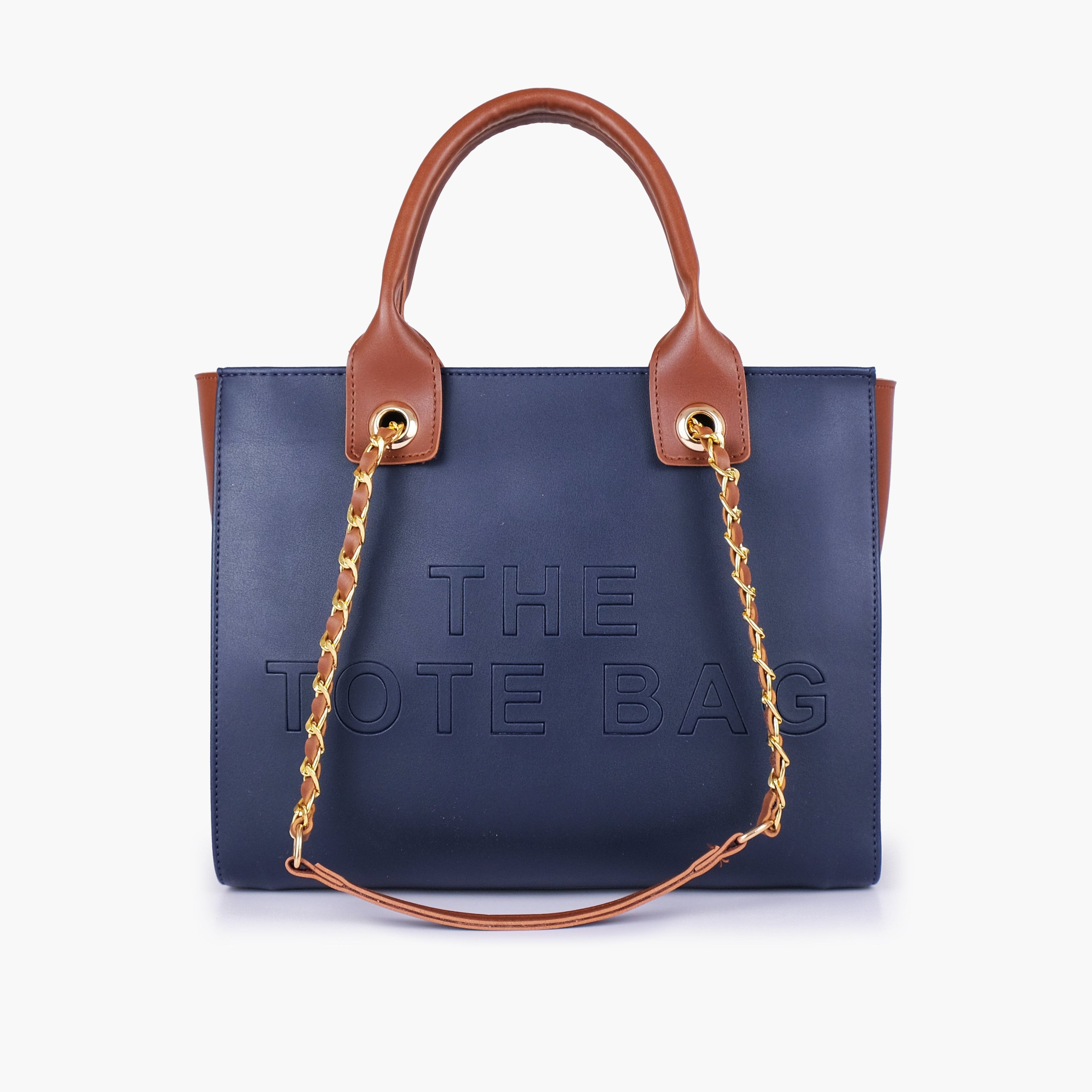 Blue chain handle tote
