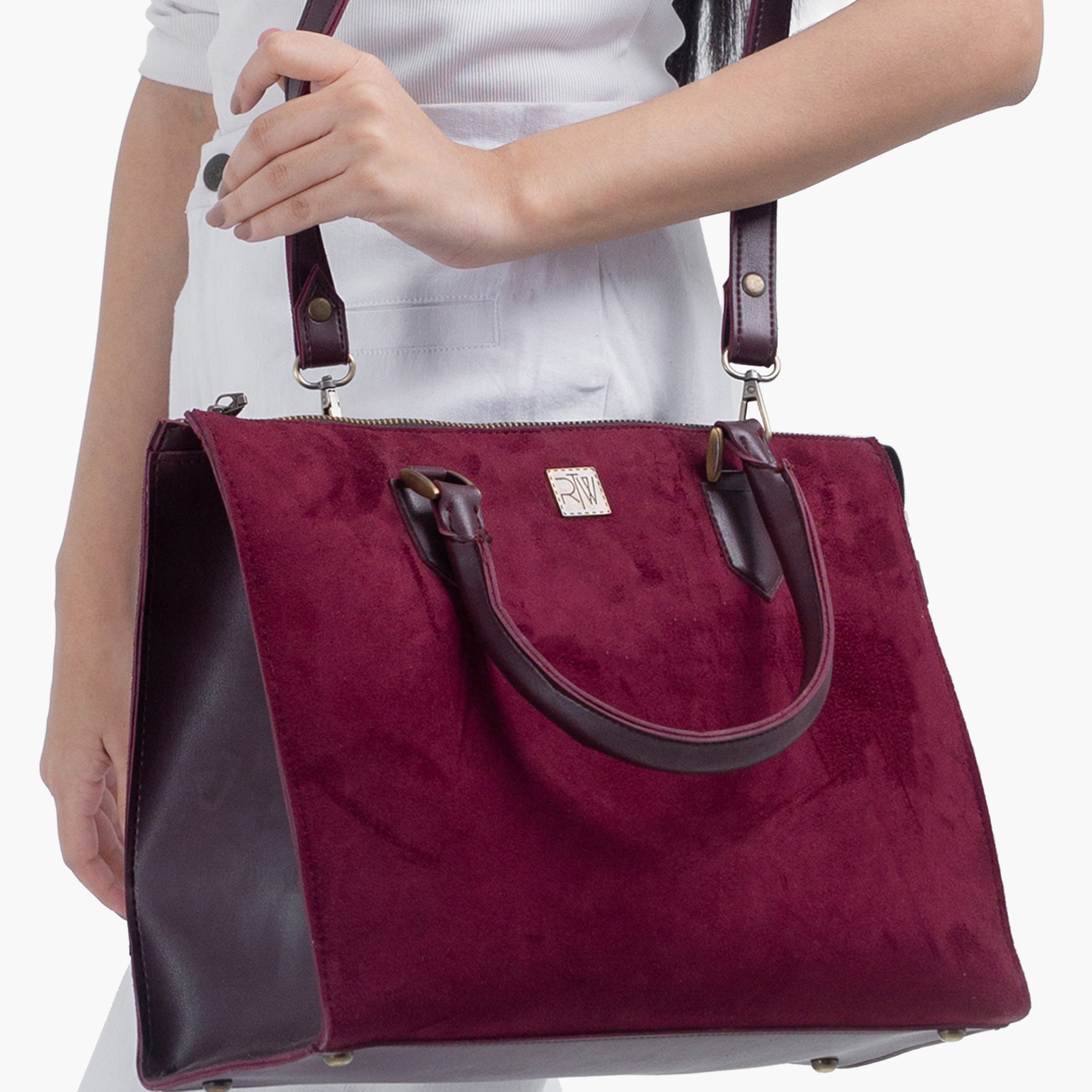 Burgundy suede workplace handbag