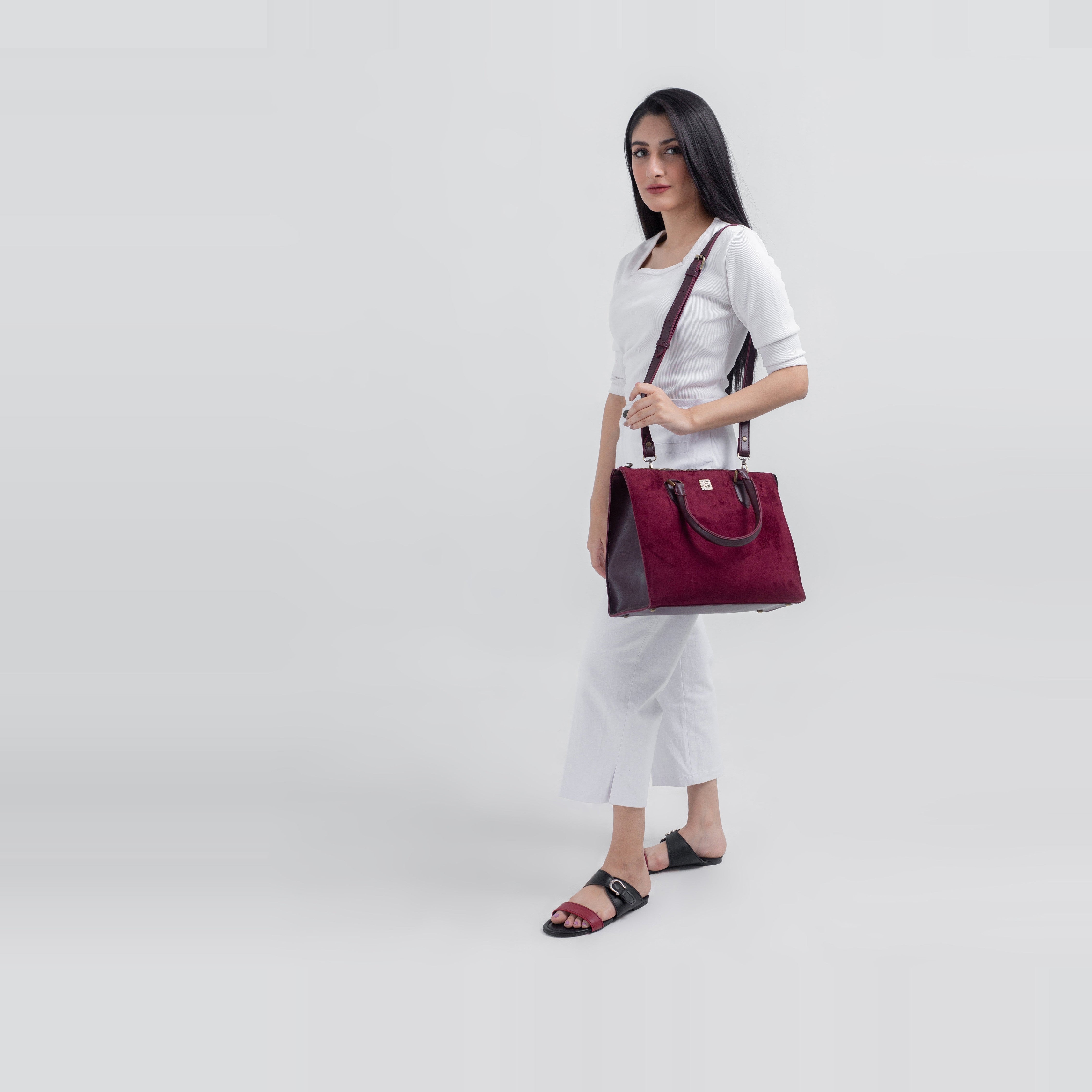 Burgundy suede workplace handbag