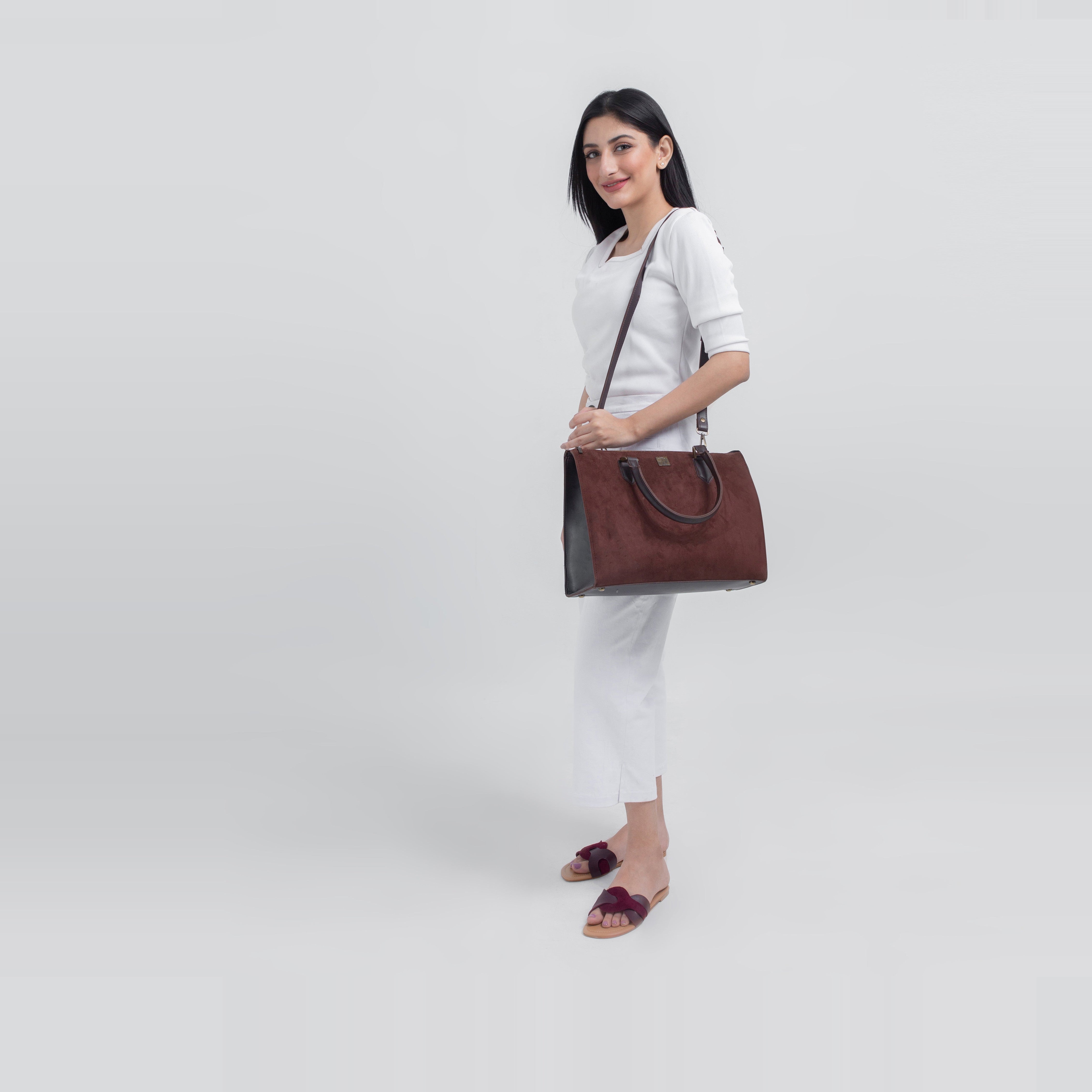 Dark brown suede workplace handbag