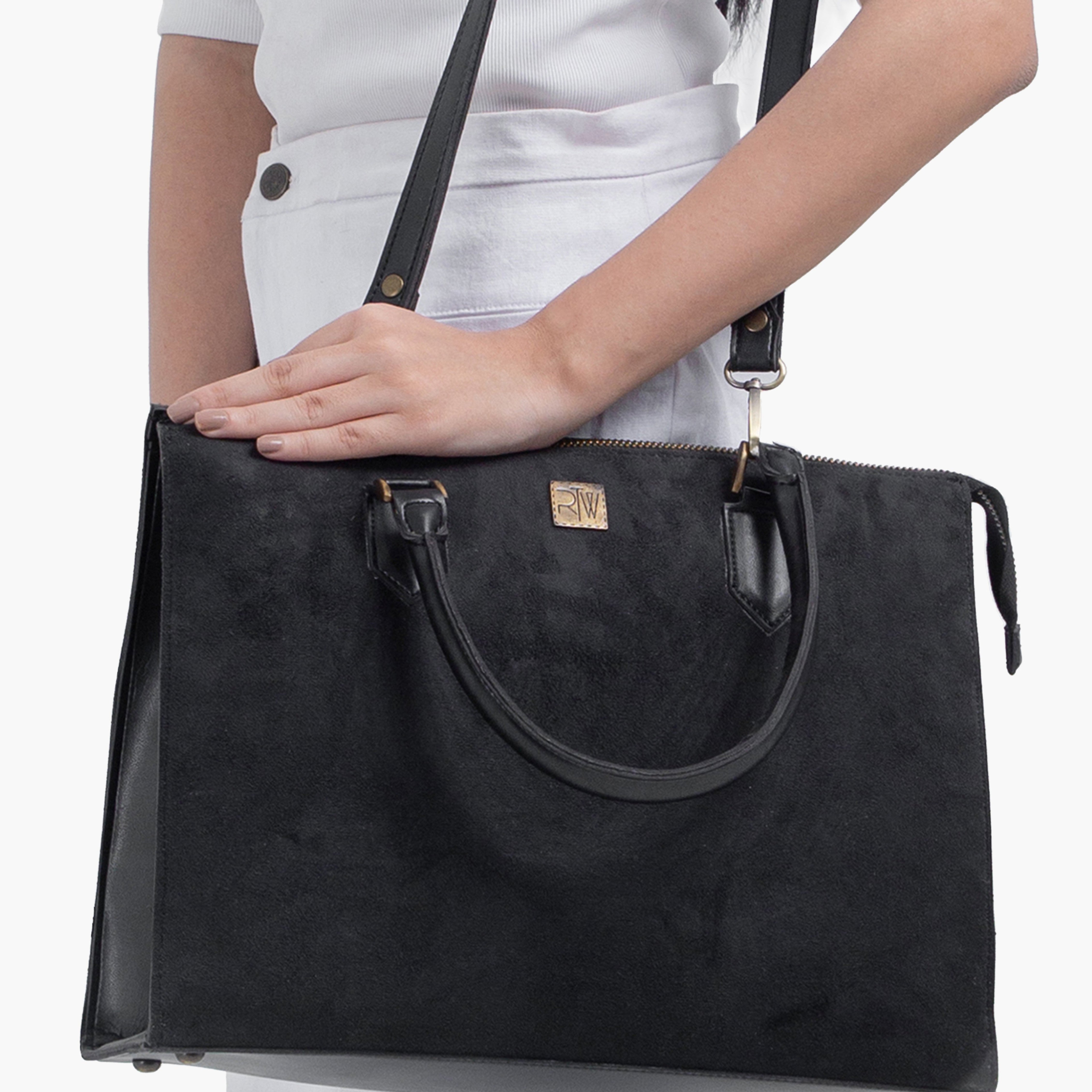Black suede workplace handbag