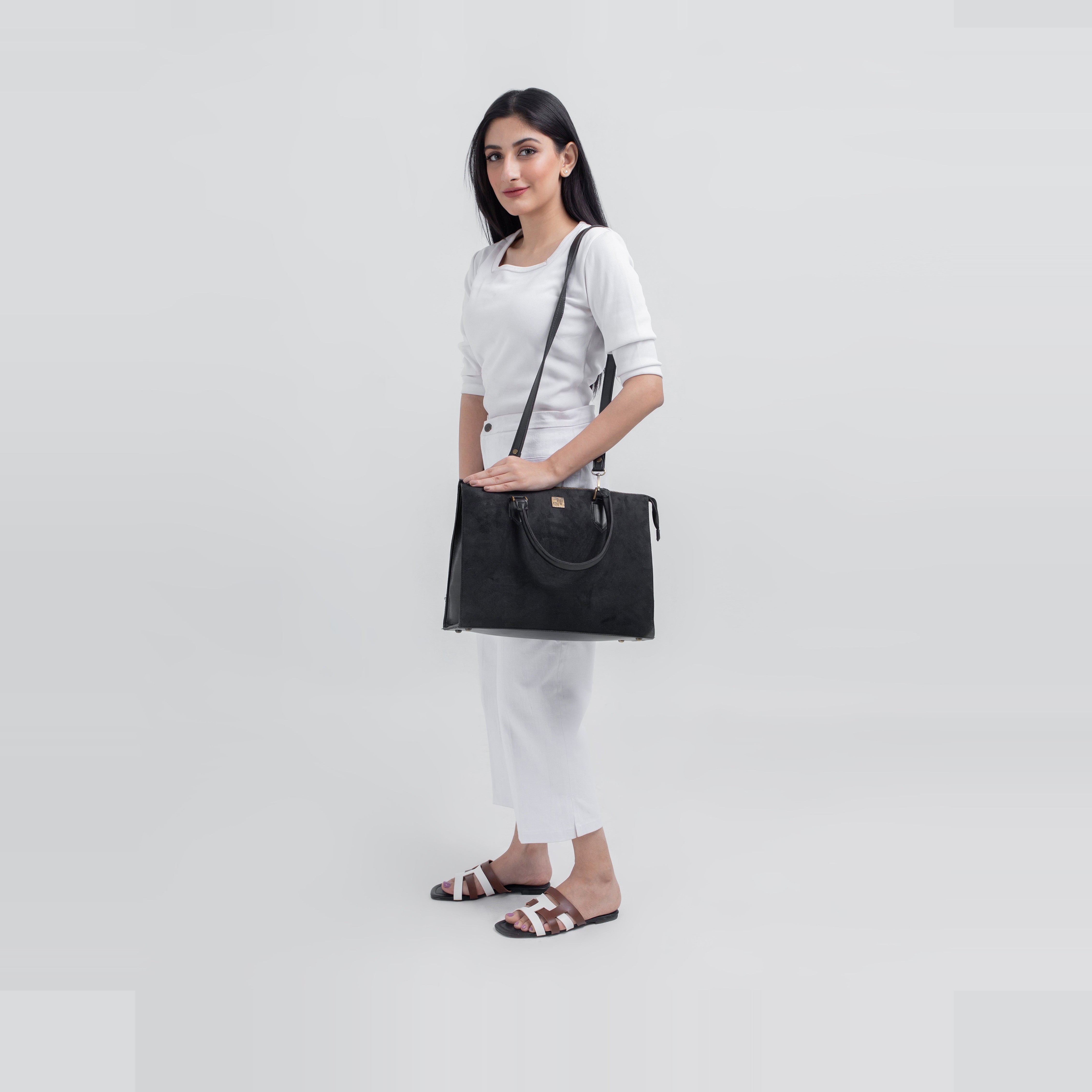 Black suede workplace handbag