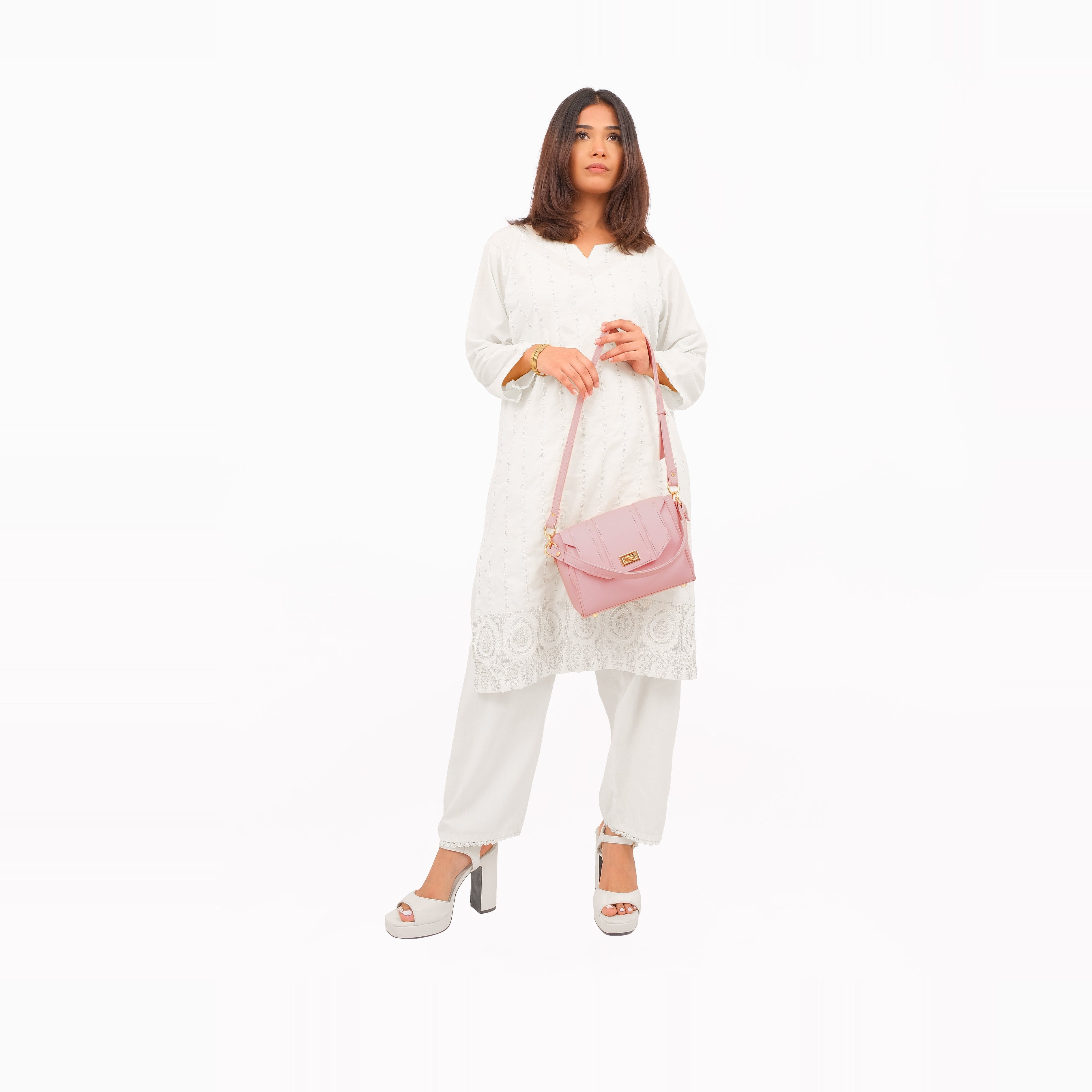 Pink compact top-handle cross-body bag