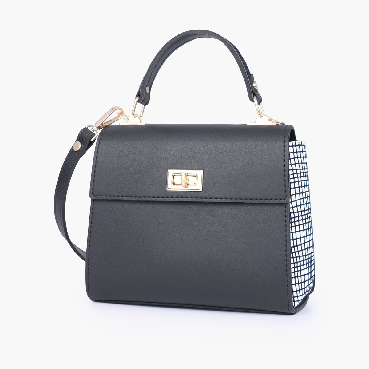 Black and white criss-cross top-handle bag