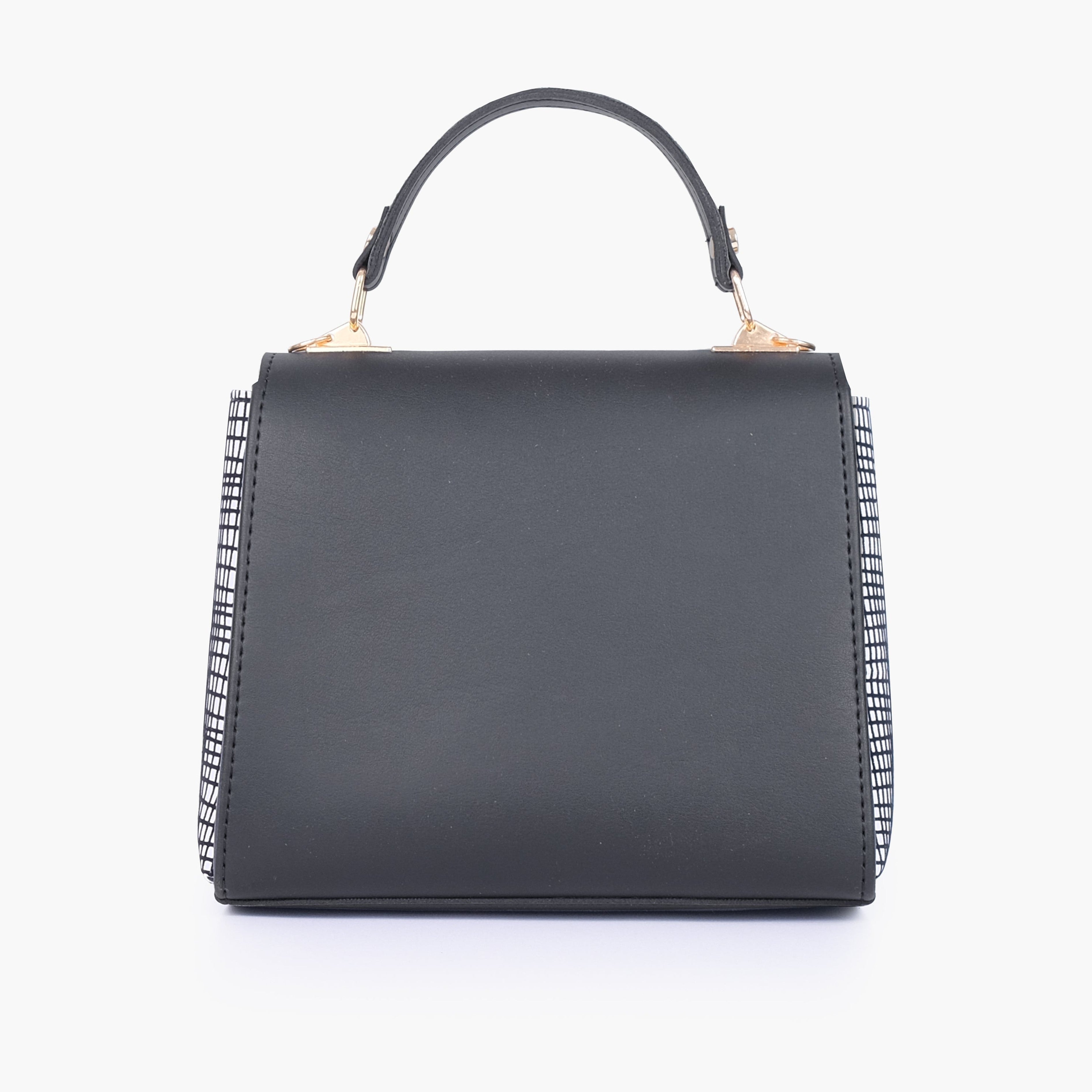 Black and white criss-cross top-handle bag