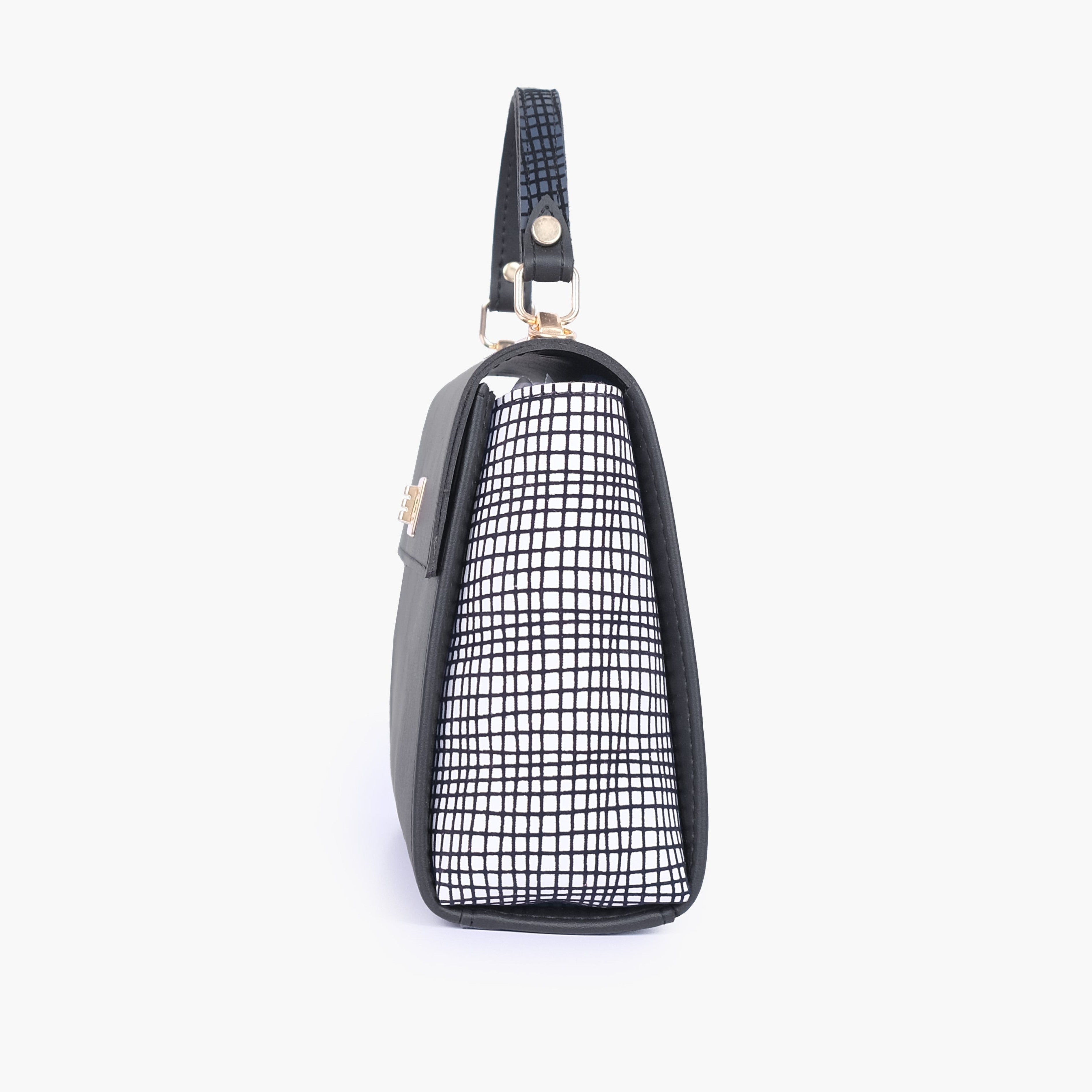 Black and white criss-cross top-handle bag