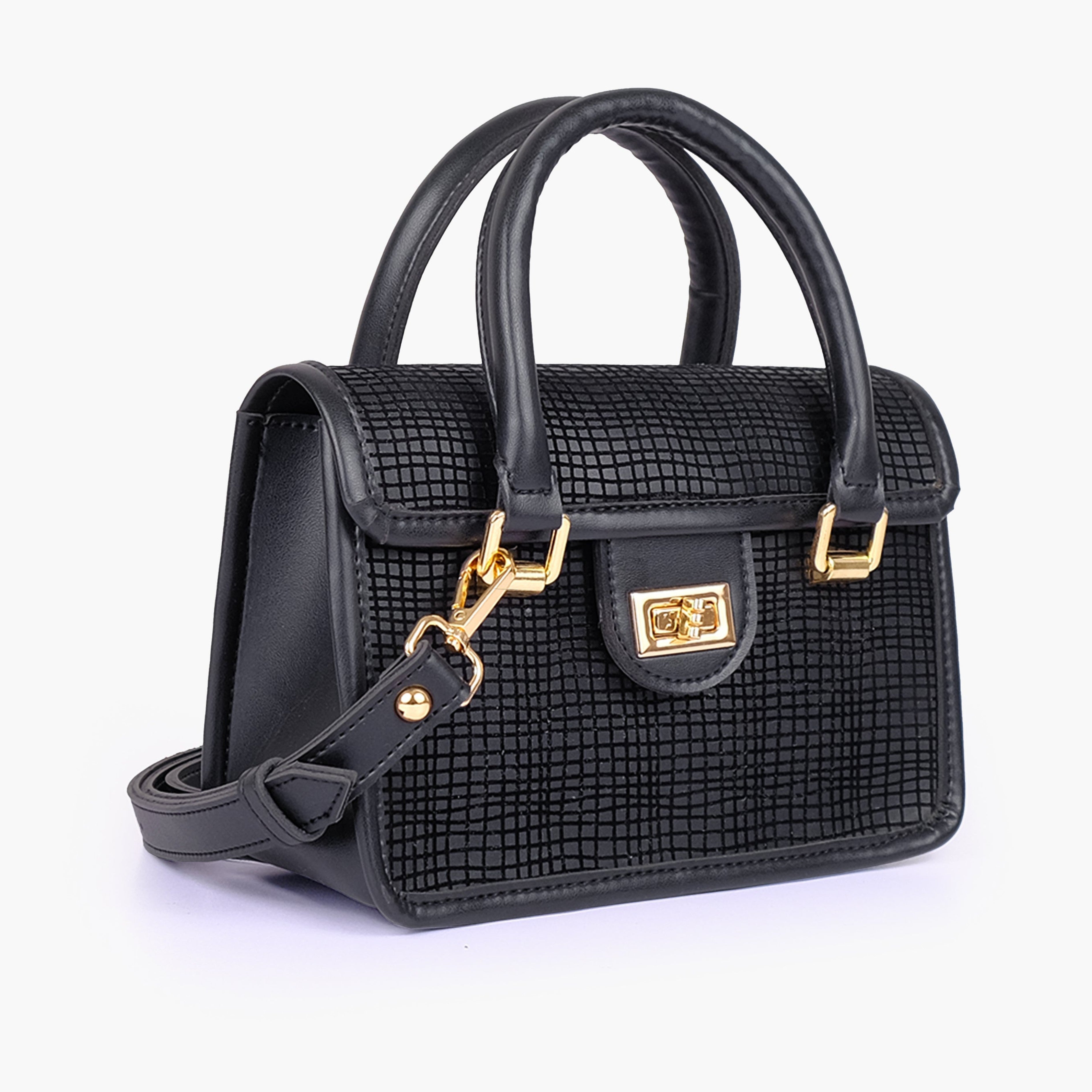 Black patterned cross-body with flap
