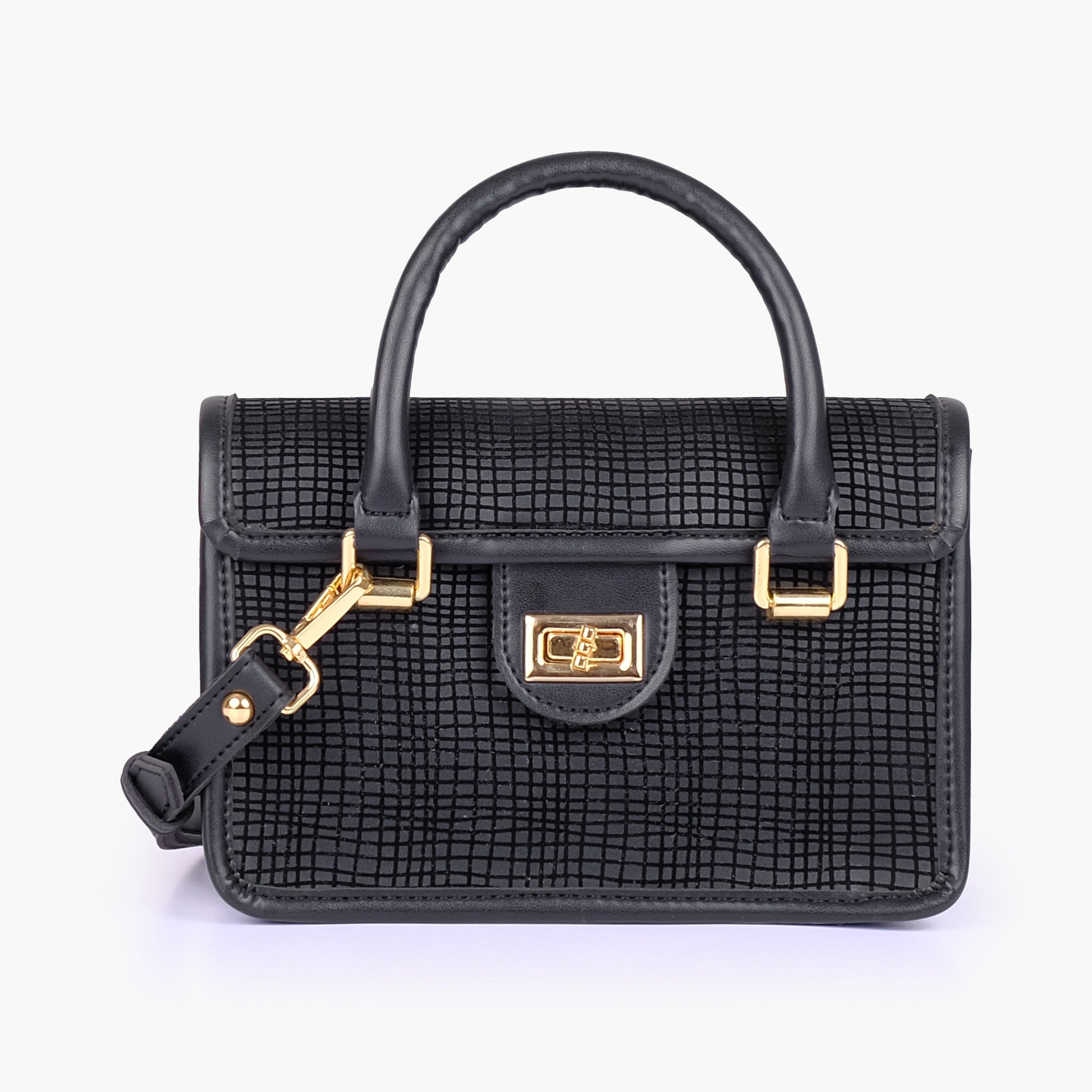Black patterned cross-body with flap