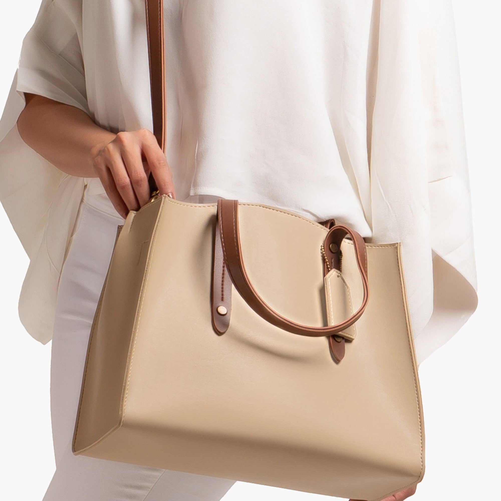 Off-white with brown multi compartment satchel bag