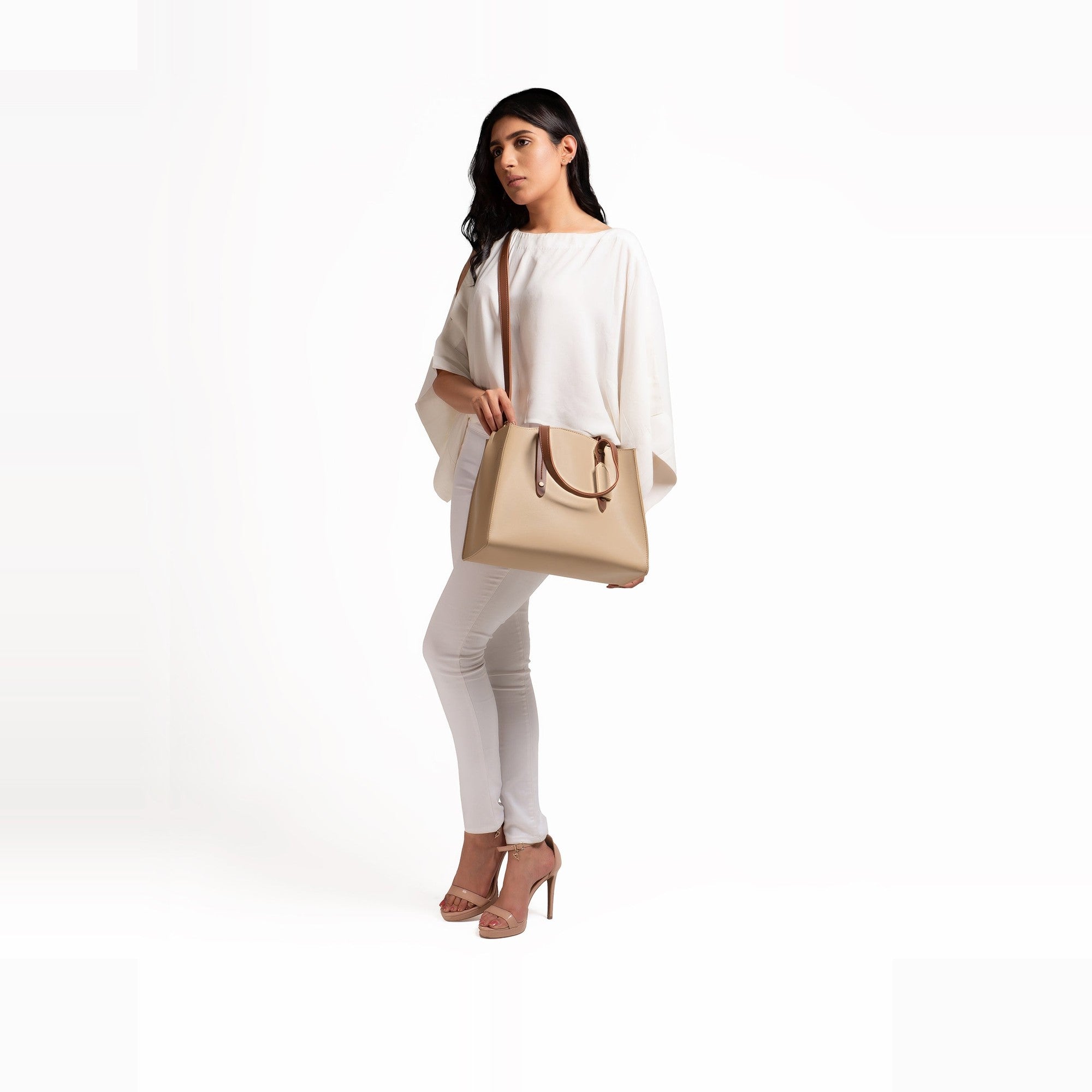 Off-white with brown multi compartment satchel bag