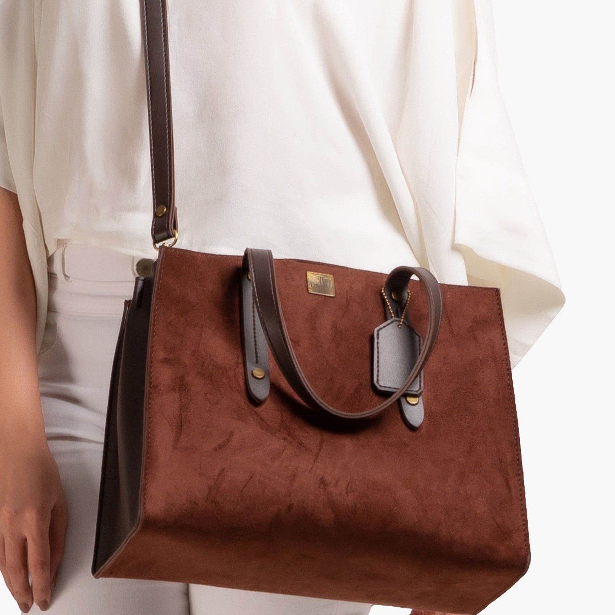Dark brown suede multi compartment satchel bag