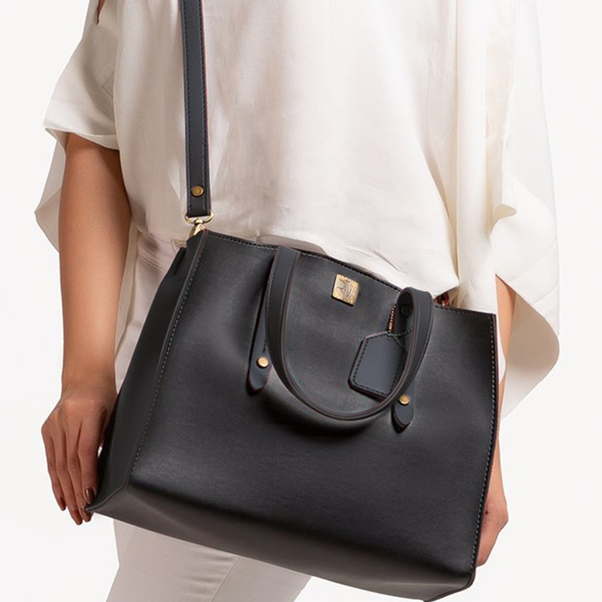 Black multi compartment satchel bag