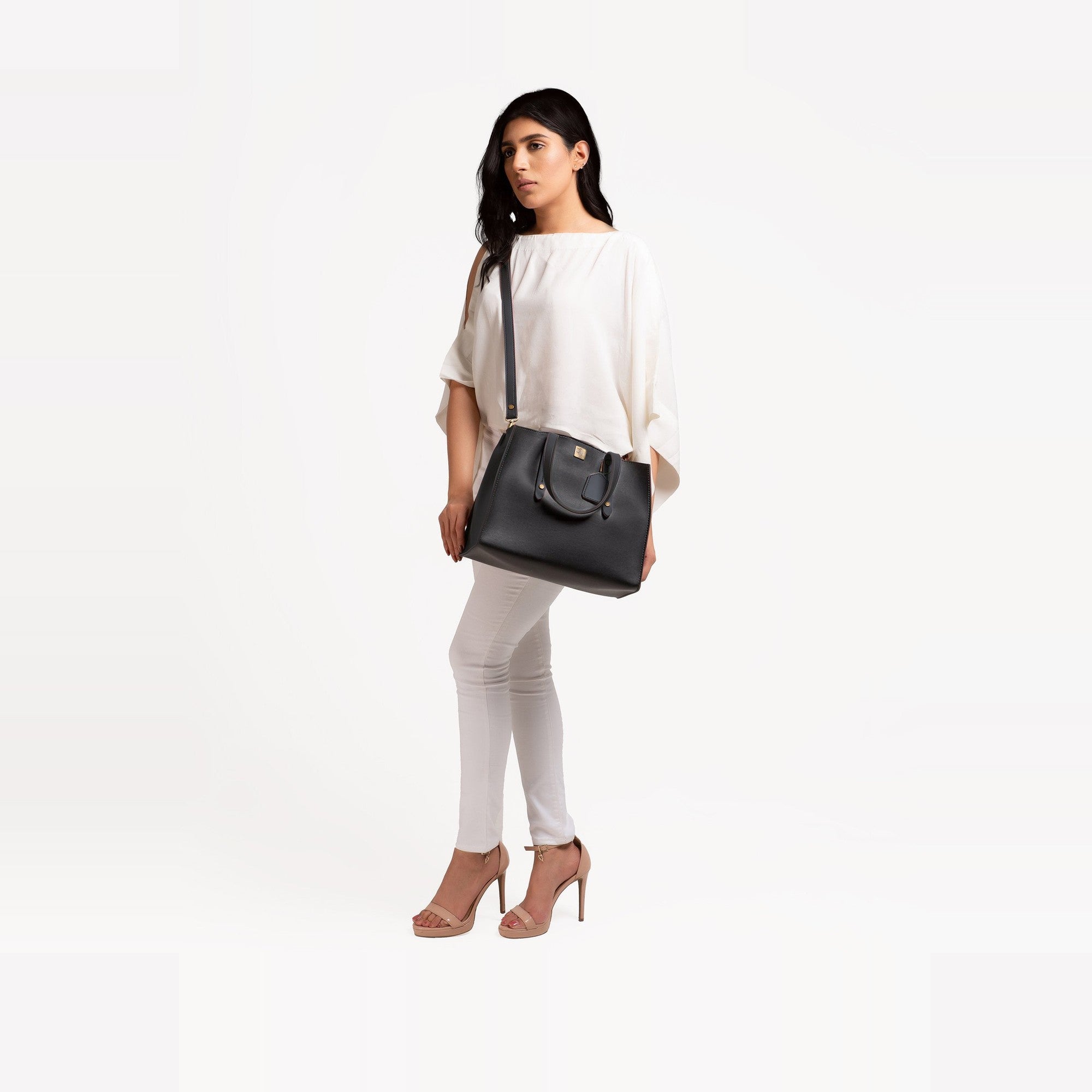 Black multi compartment satchel bag