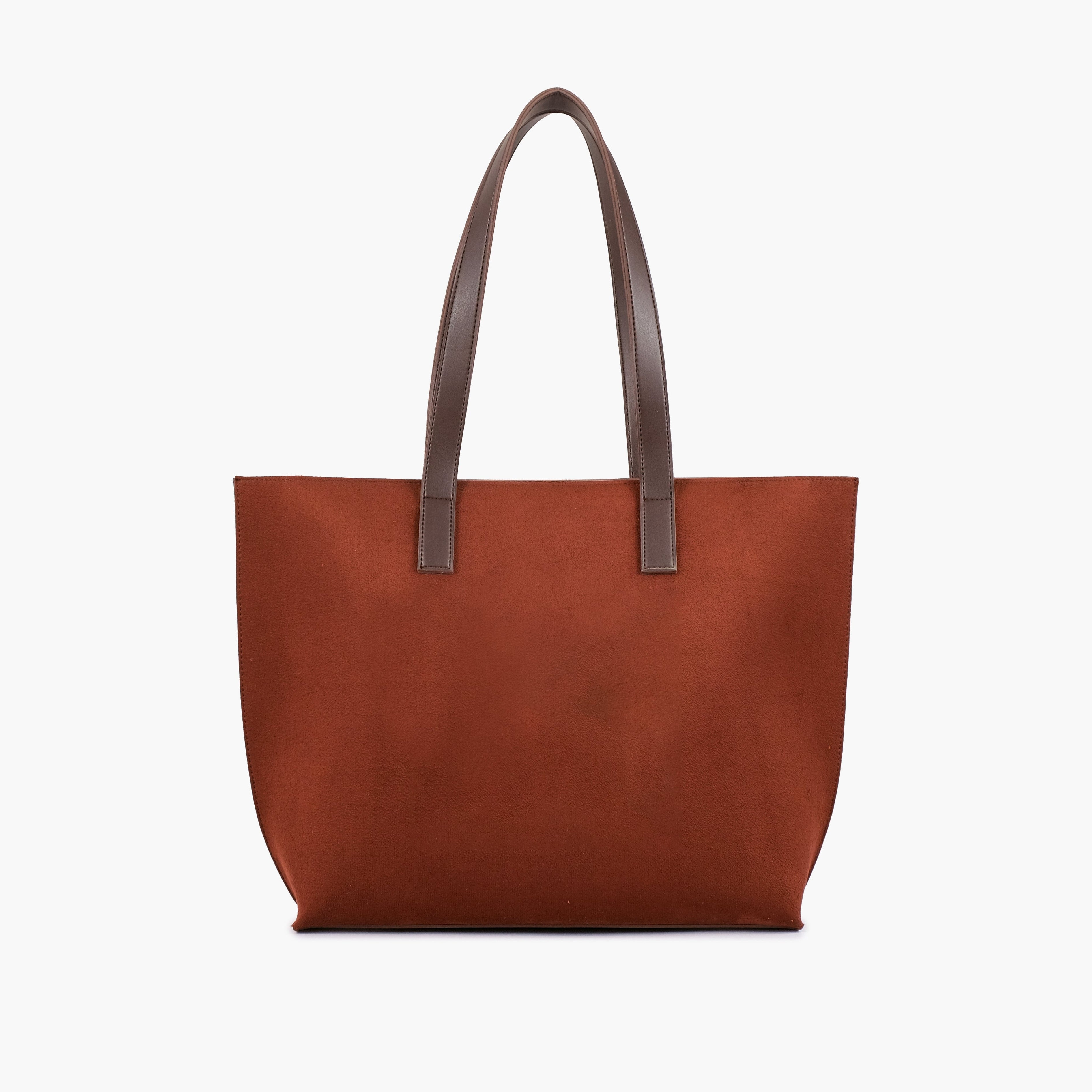 Dark brown suede long handle tote bag