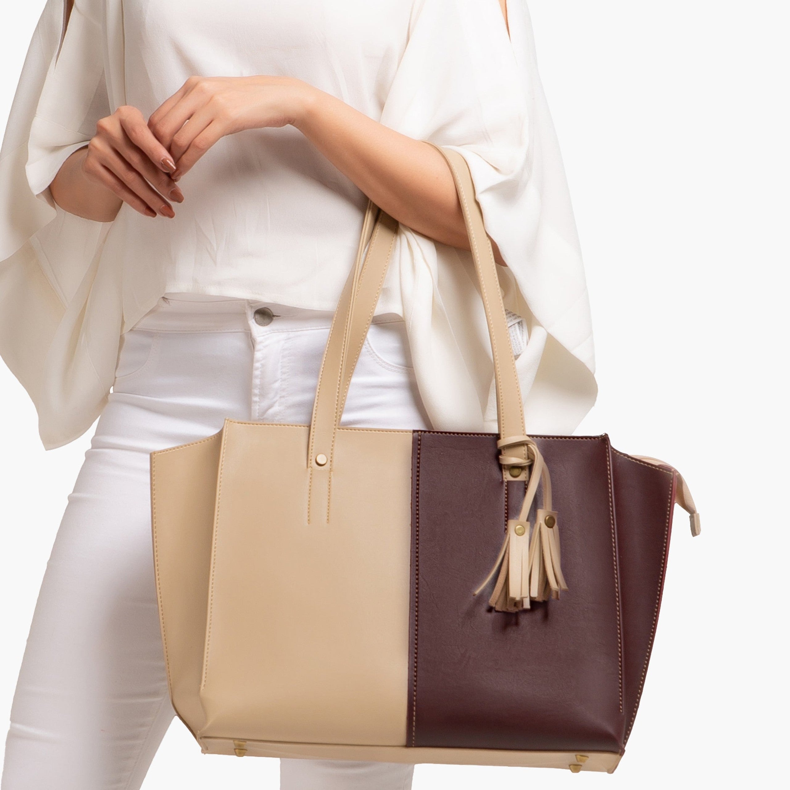 Off-white and burgundy over the shoulder tote bag