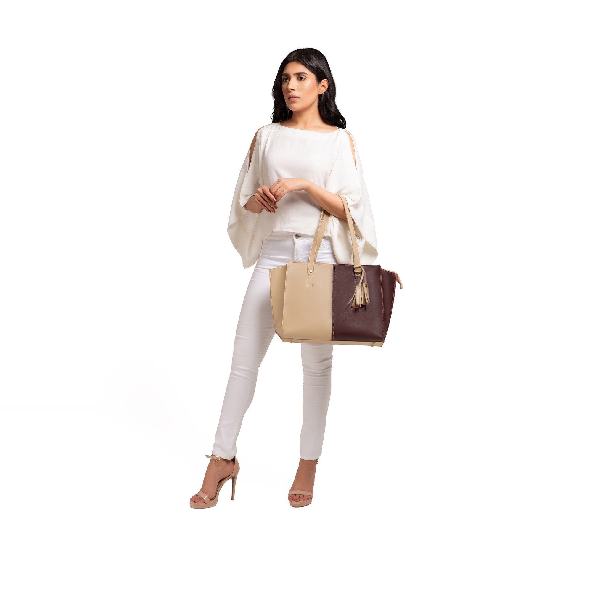 Off-white and burgundy over the shoulder tote bag