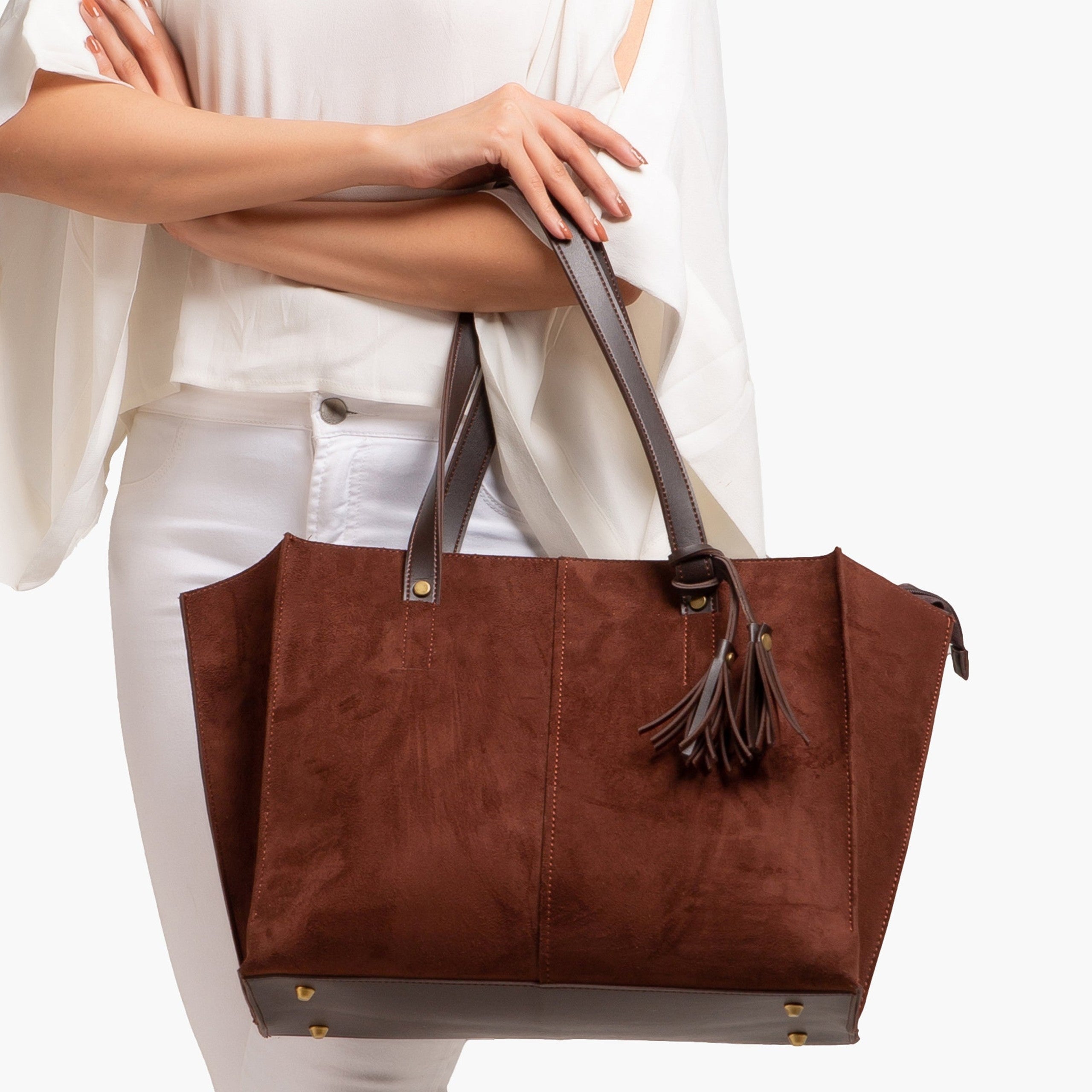 Dark brown suede over the shoulder tote bag