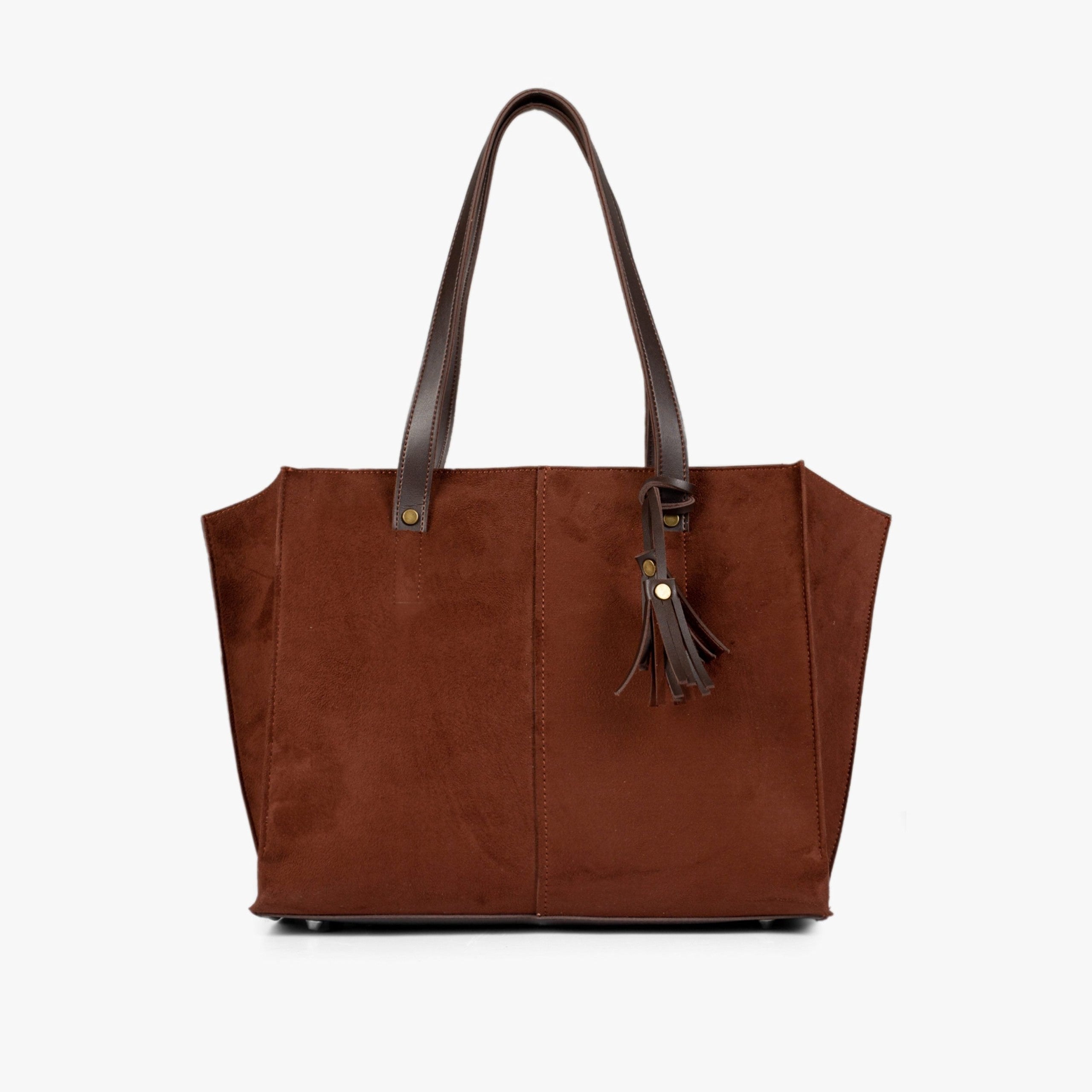 Dark brown suede over the shoulder tote bag