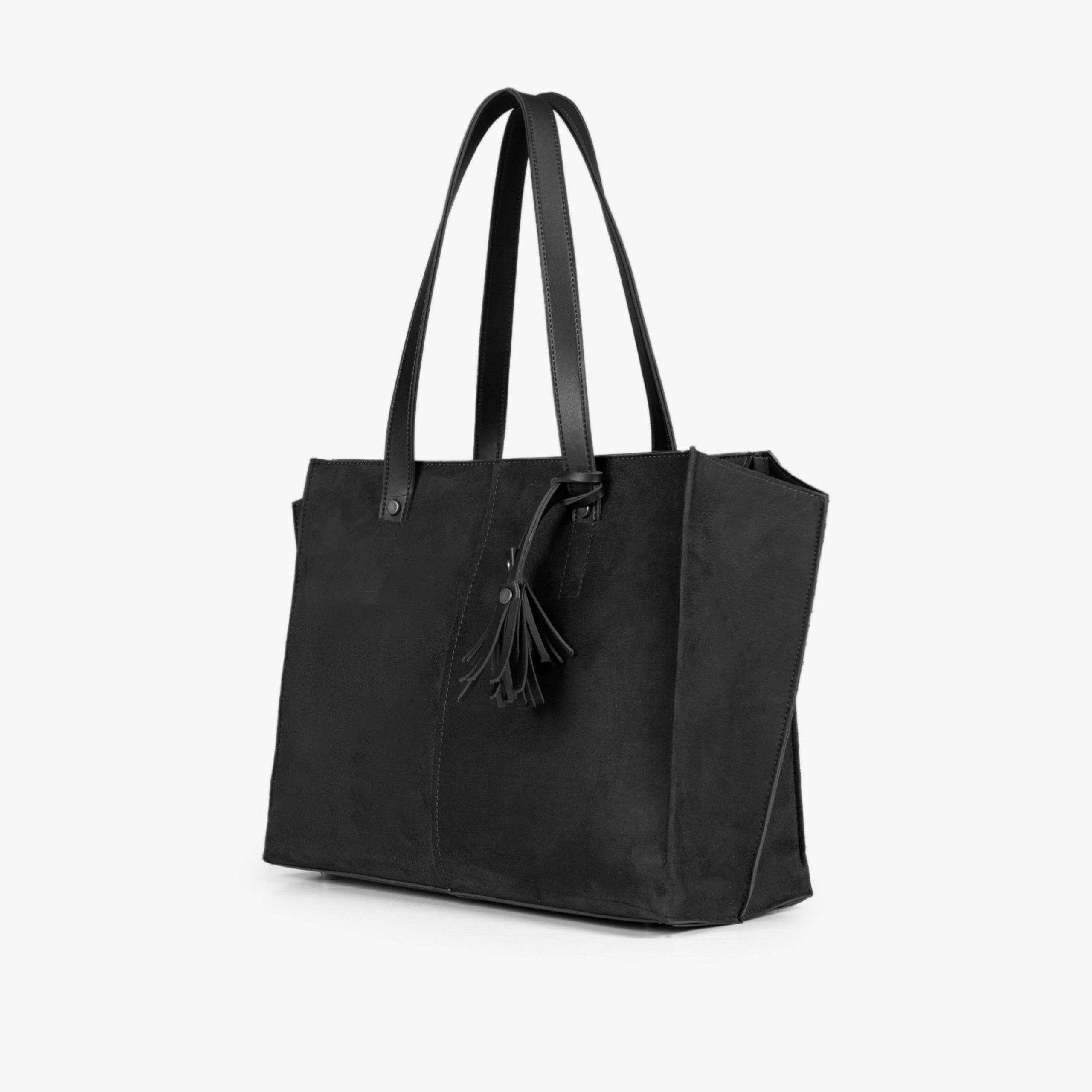 Black suede over the shoulder tote bag