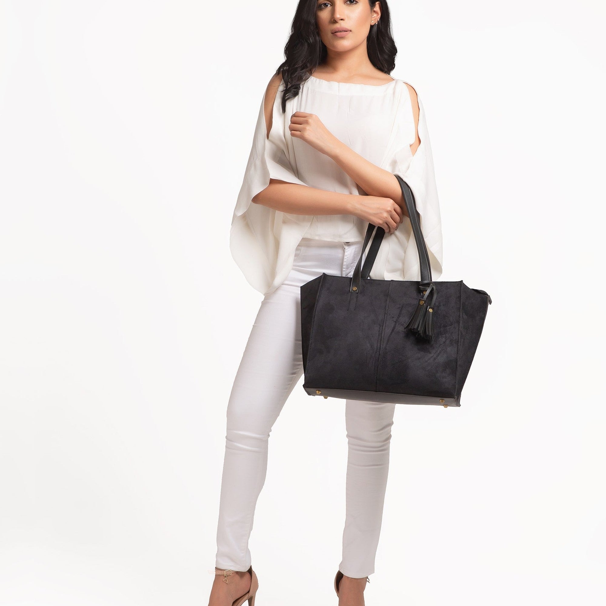 Black suede over the shoulder tote bag
