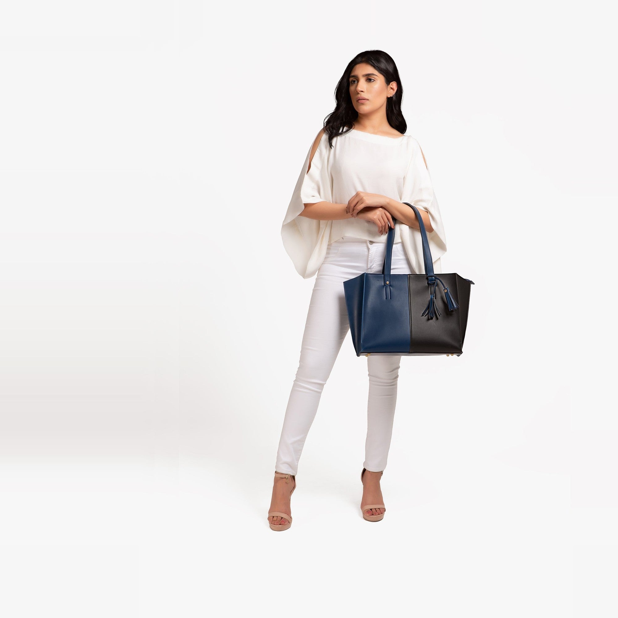 Blue and black over the shoulder tote bag