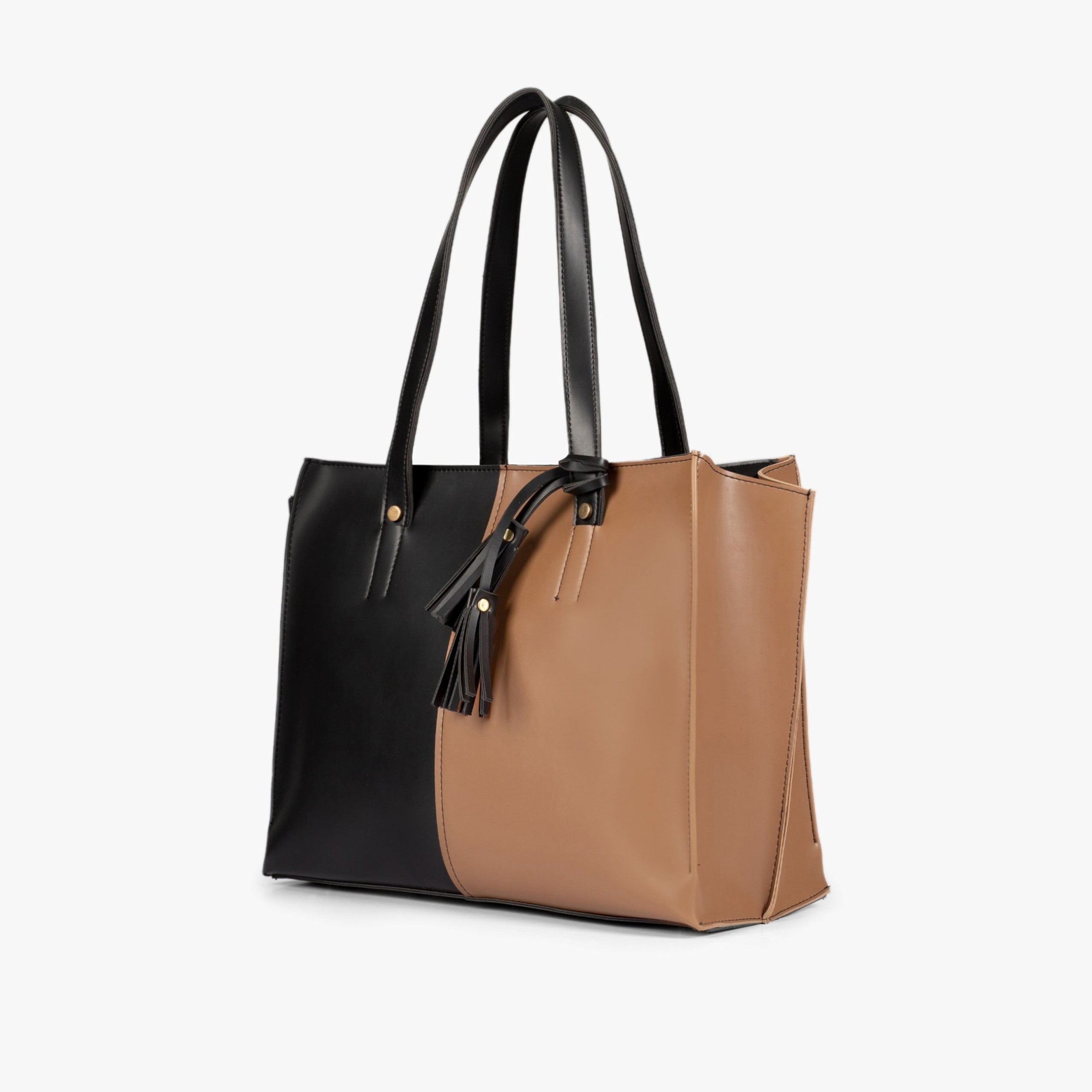 Tan and black over the shoulder tote bag