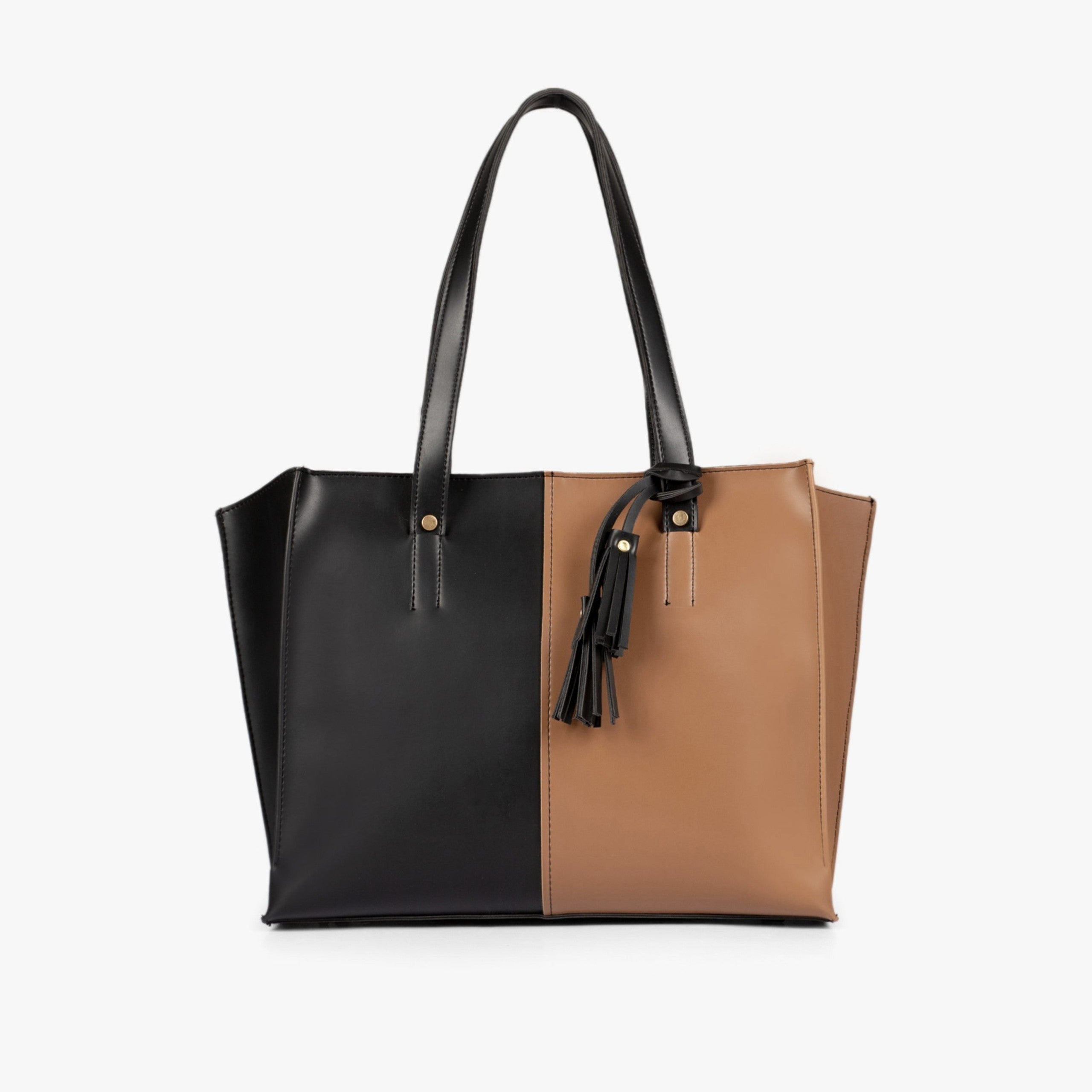 Tan and black over the shoulder tote bag