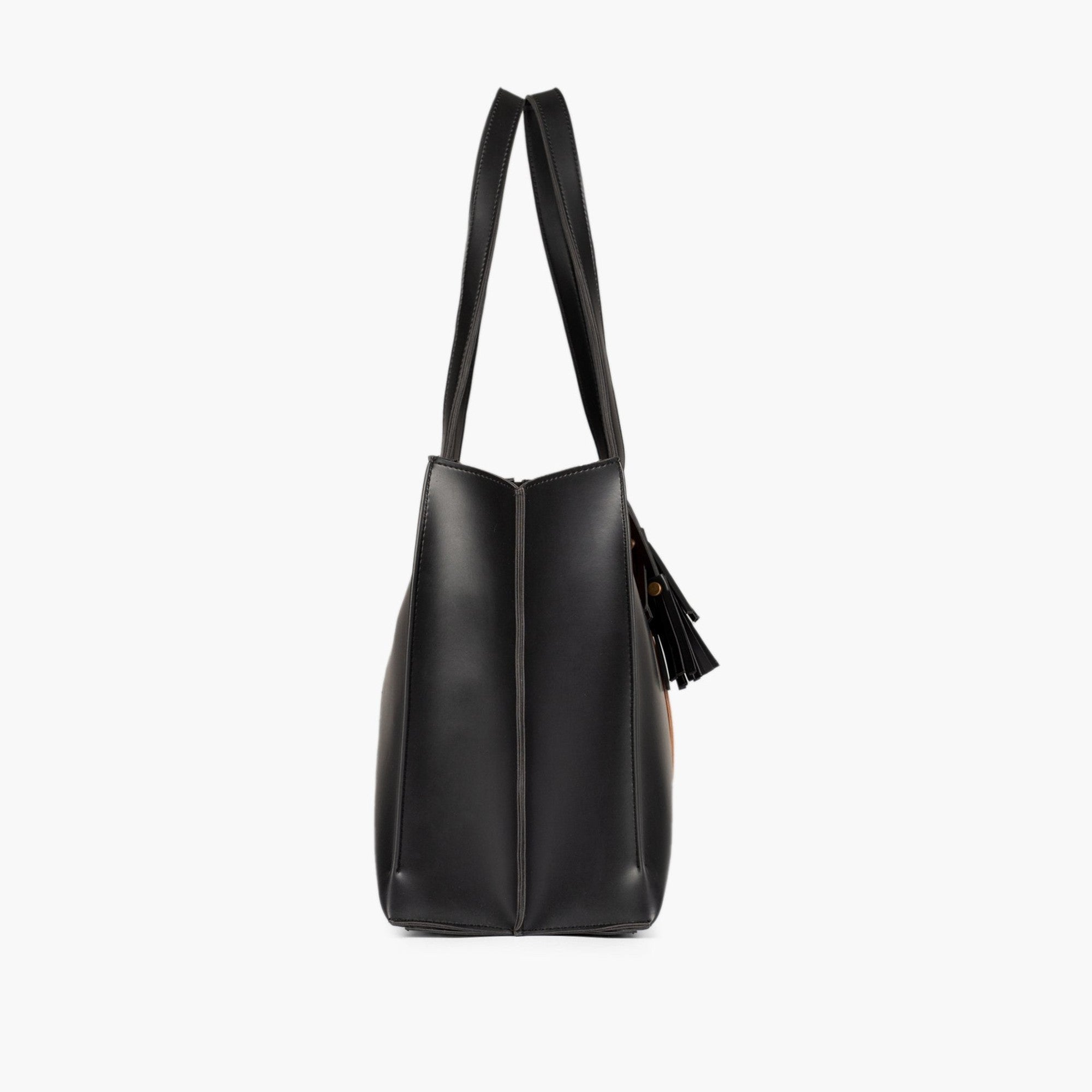 Tan and black over the shoulder tote bag