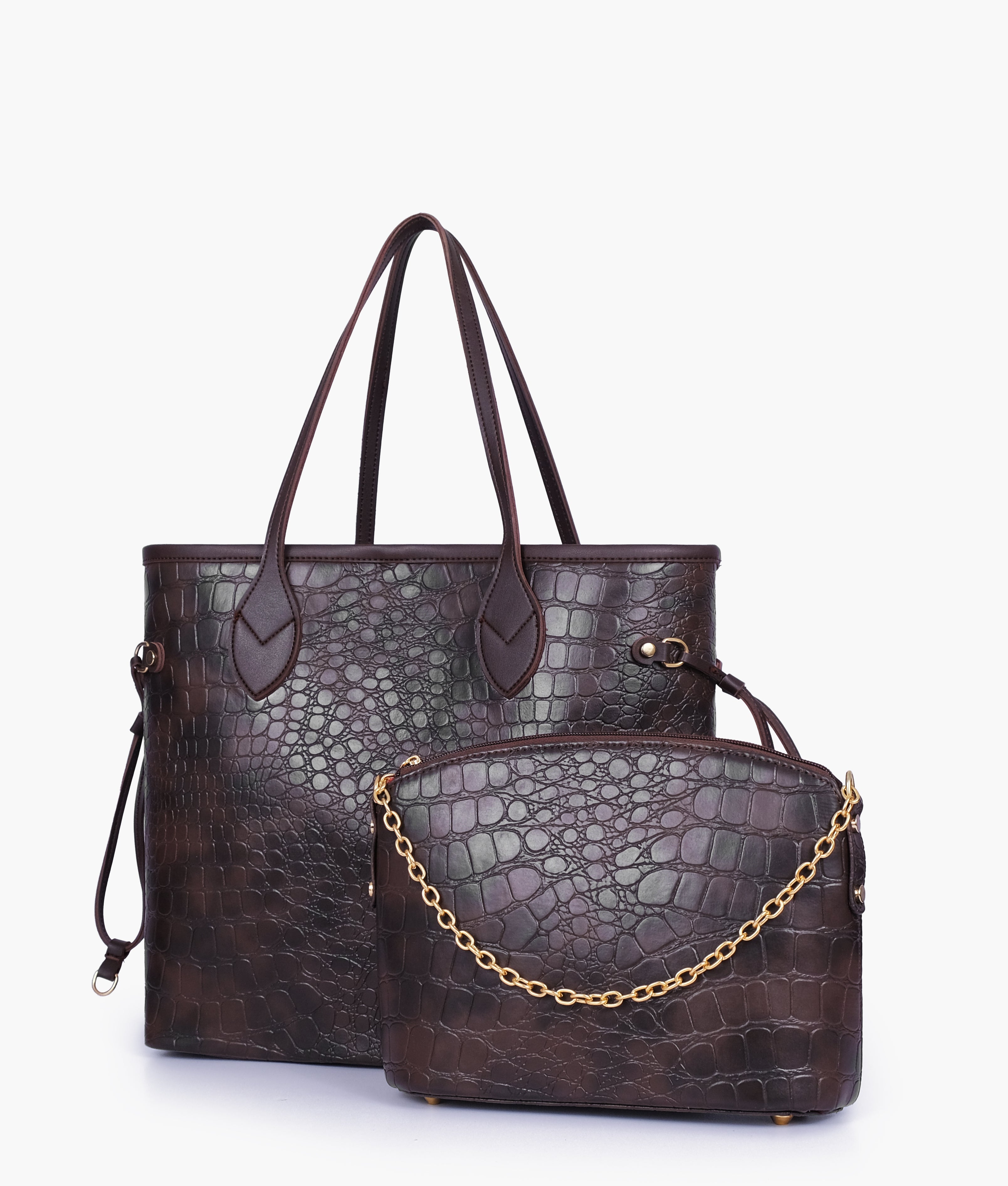 Dark brown crocodile neverfull two piece set