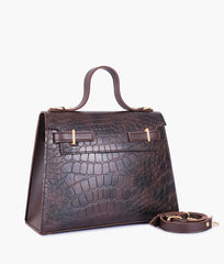 Dark chocolate brown crocodile cross-body bag with top-handle