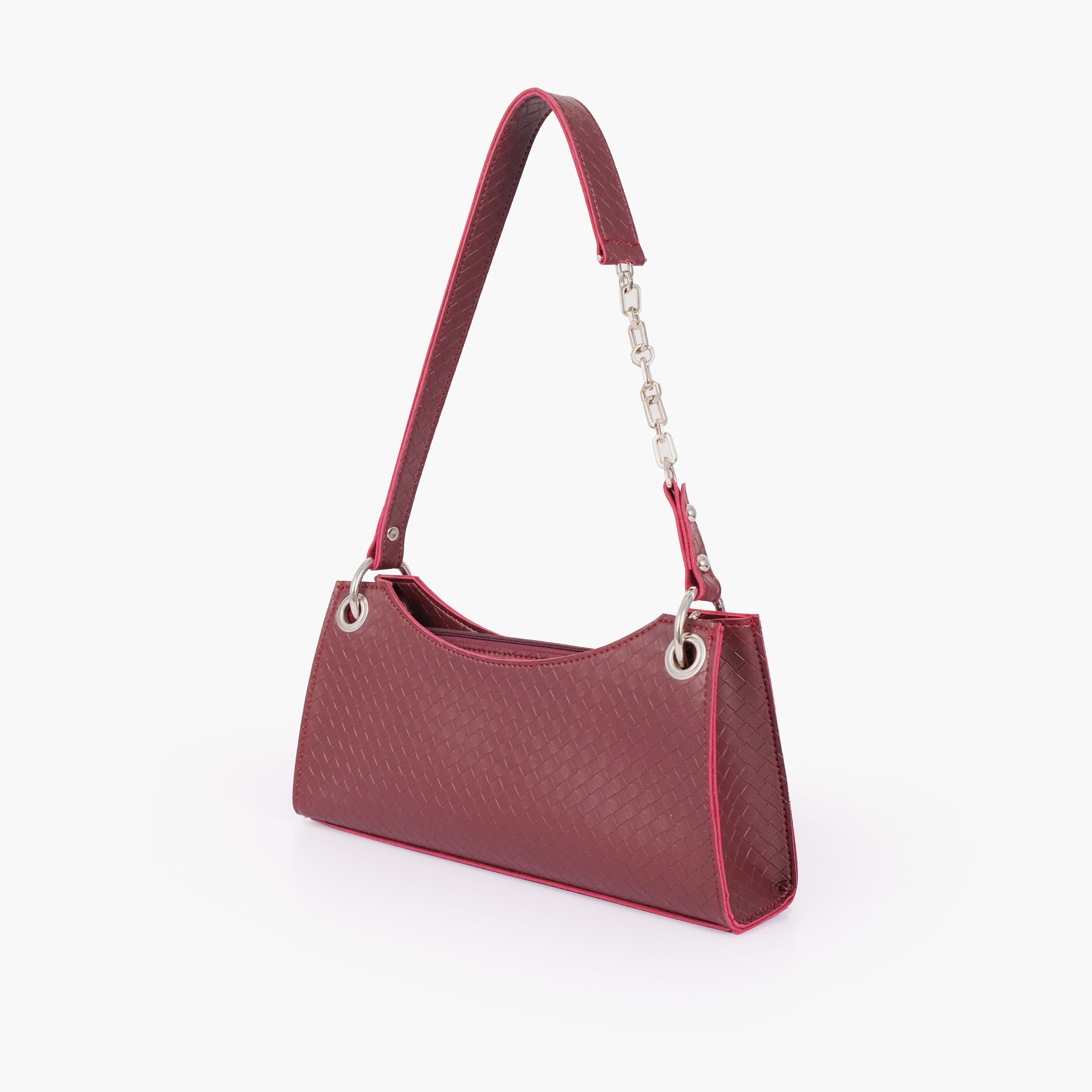 Burgundy weaved elongated chain handle purse