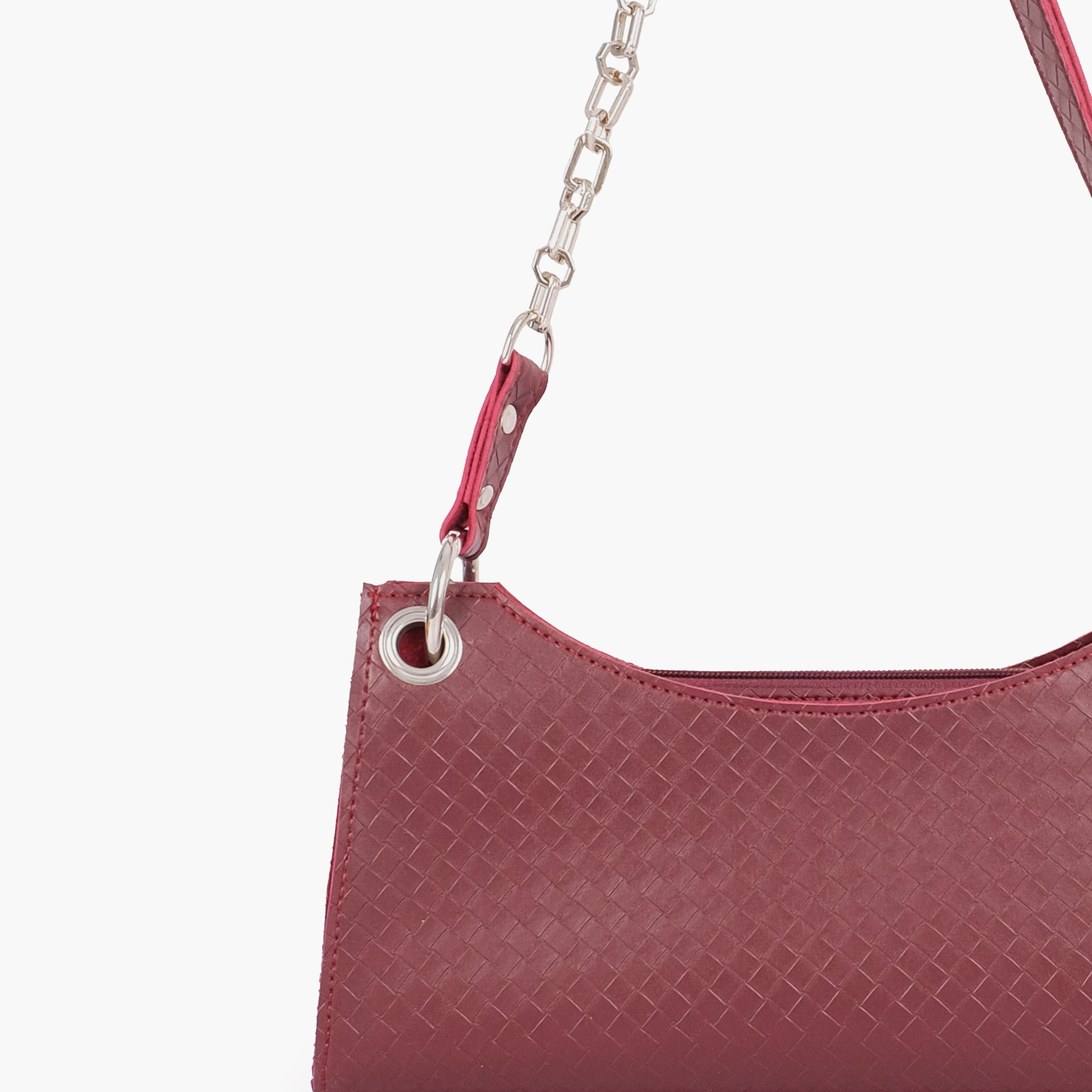 Burgundy weaved elongated chain handle purse