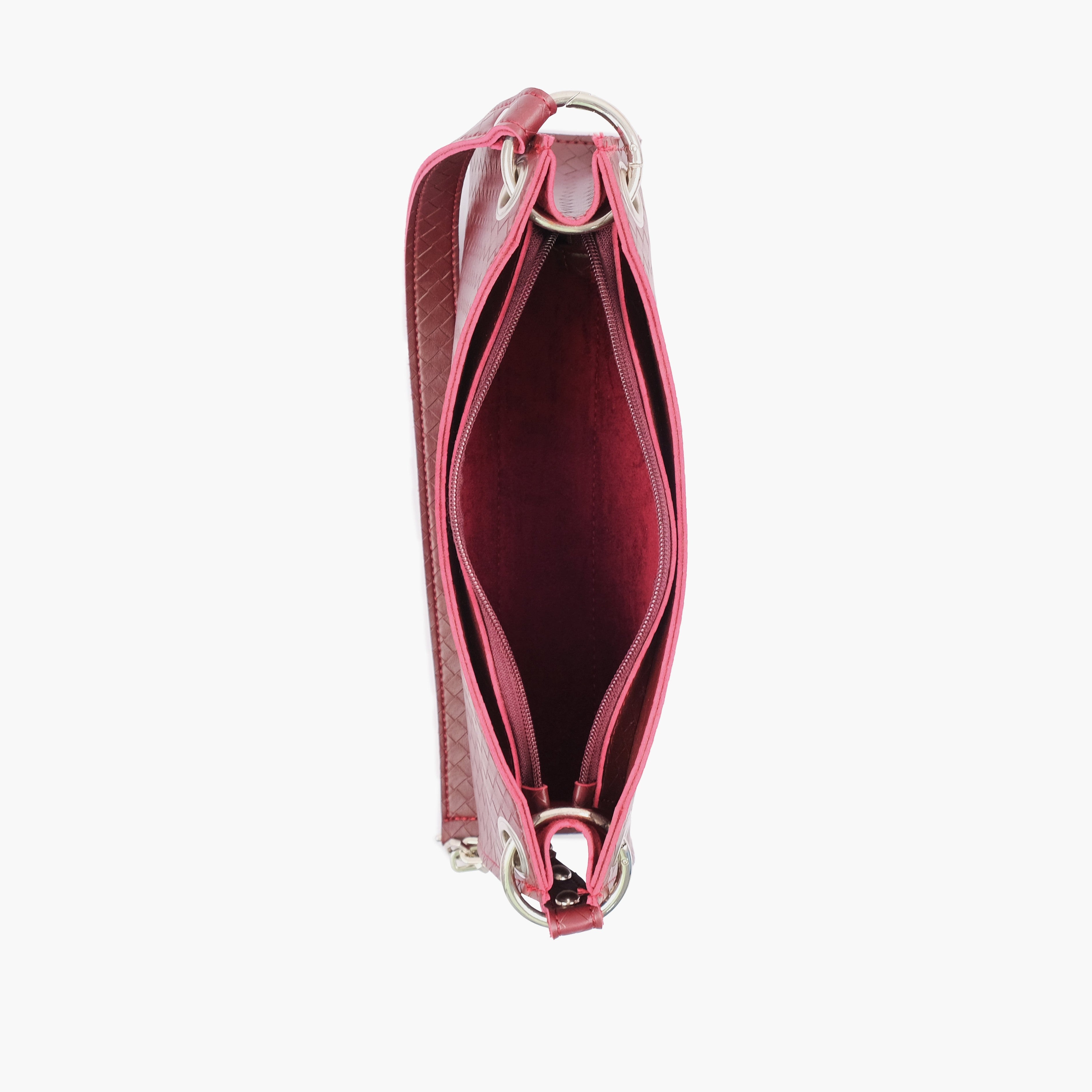Burgundy weaved elongated chain handle purse