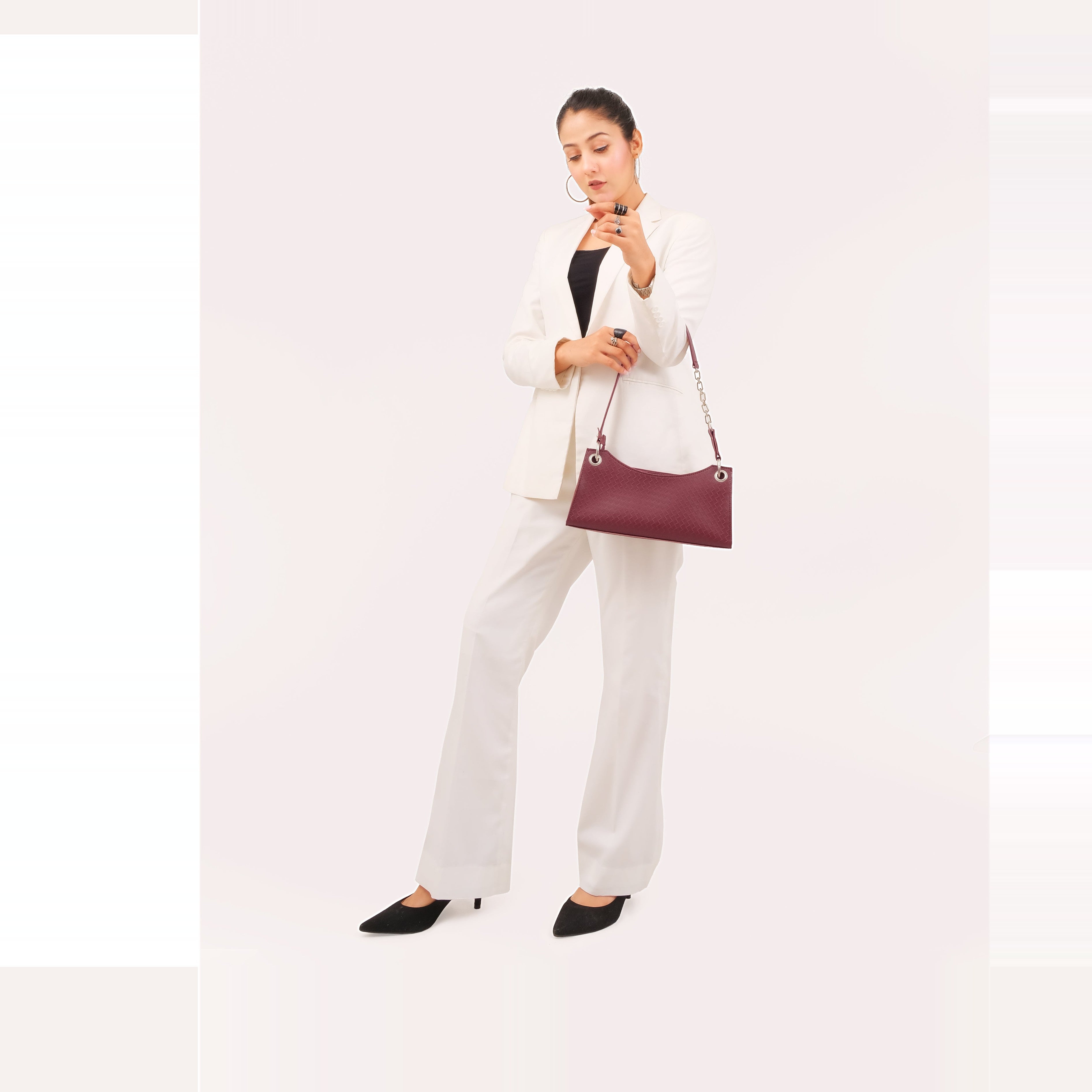 Burgundy weaved elongated chain handle purse