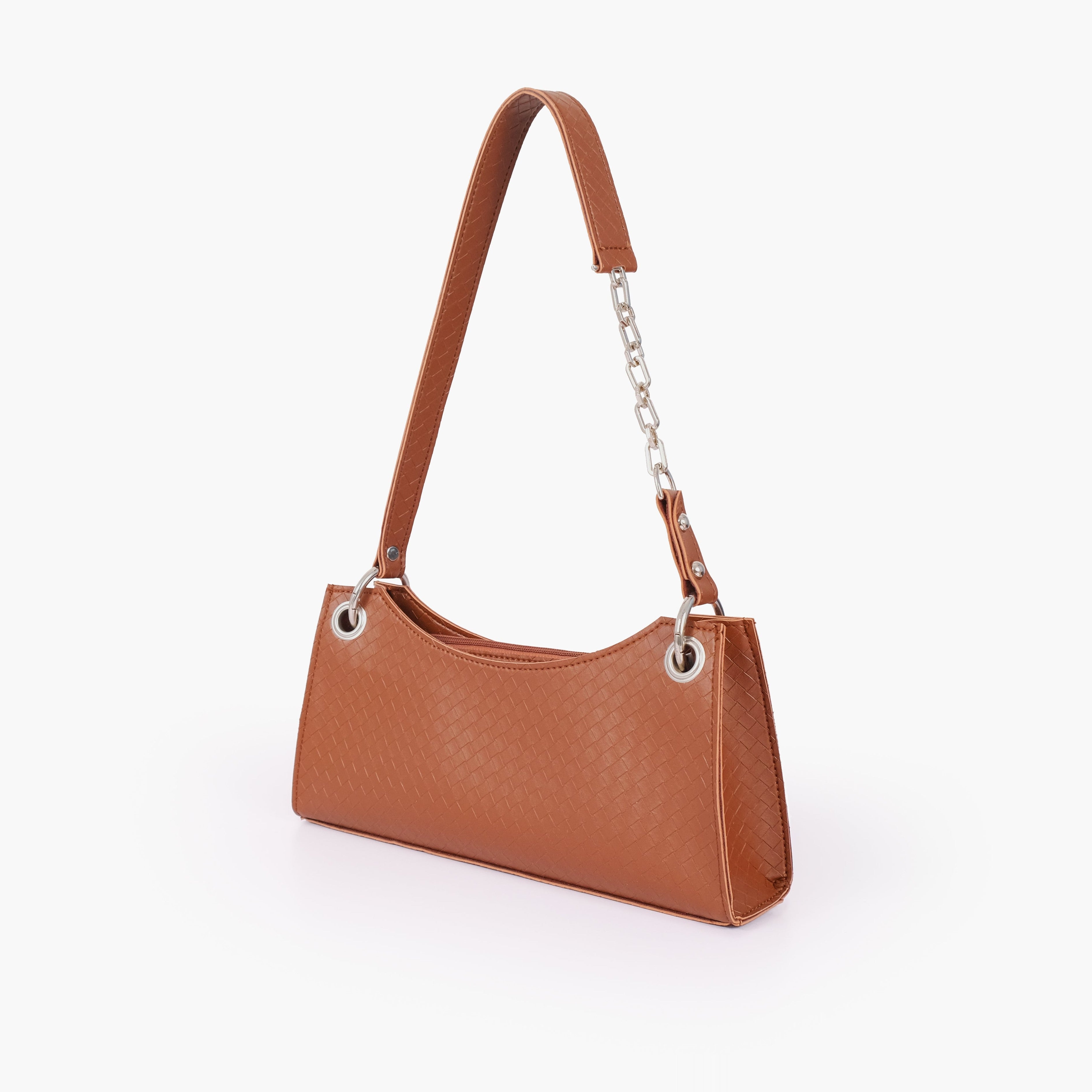 Brown weaved elongated chain handle purse
