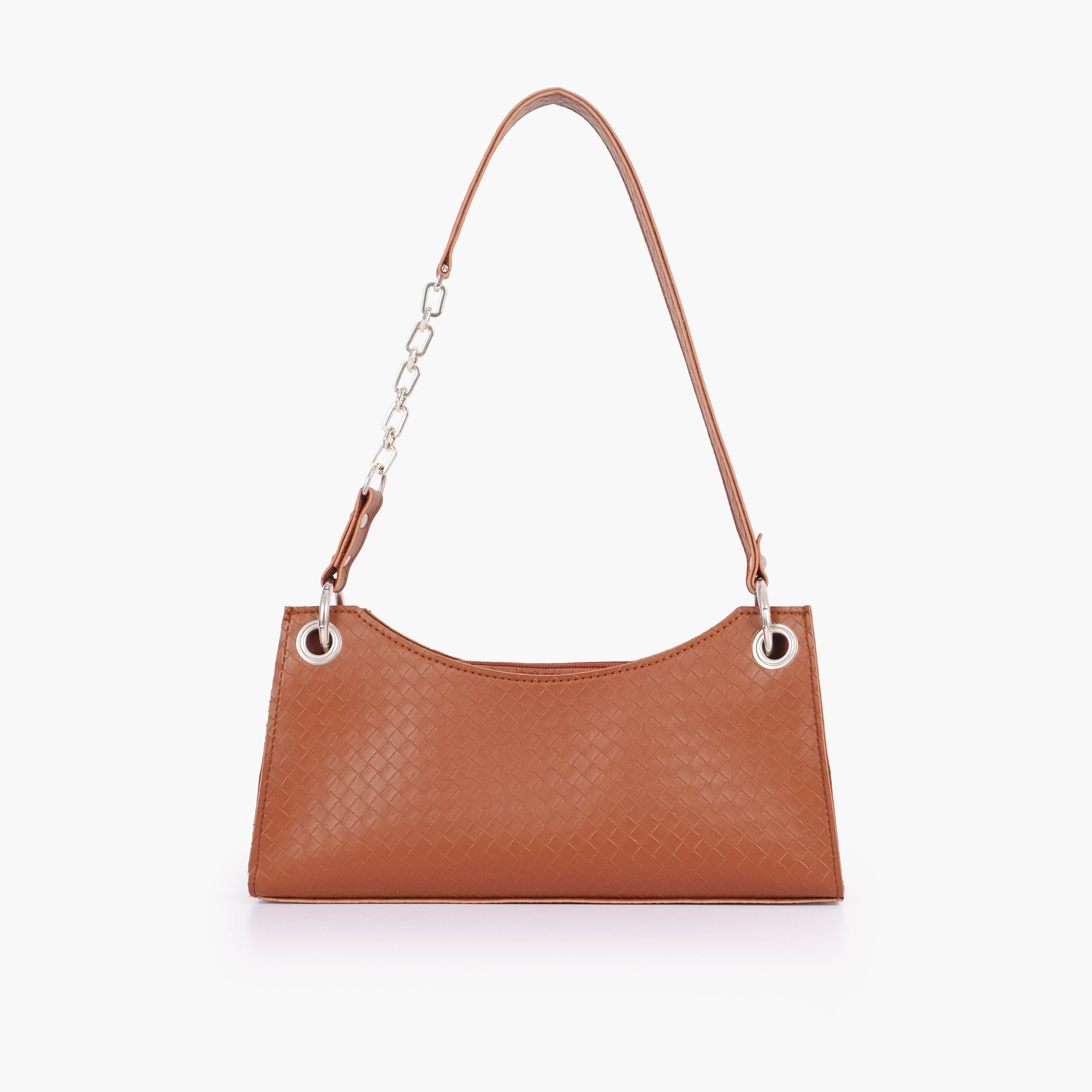 Brown weaved elongated chain handle purse