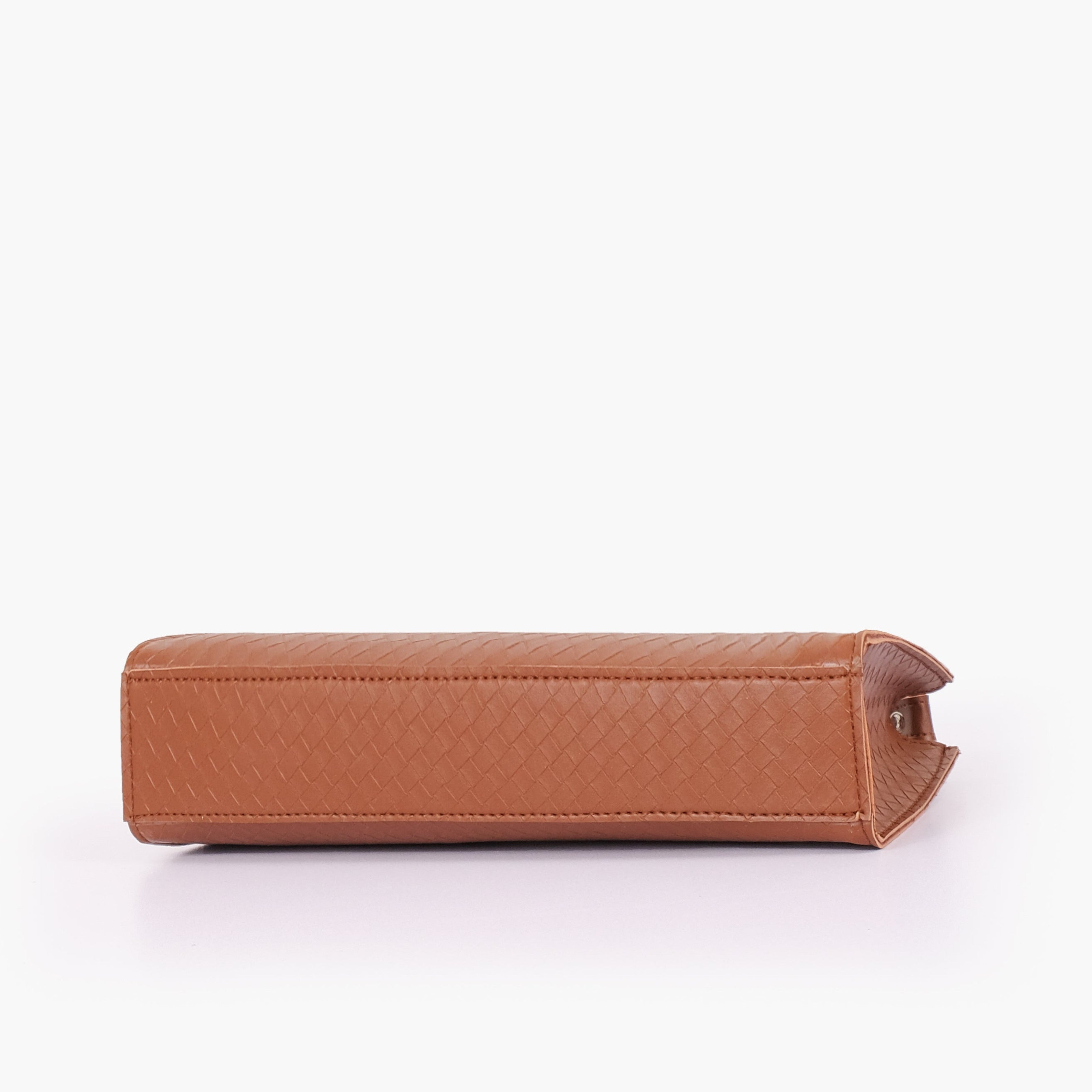 Brown weaved elongated chain handle purse